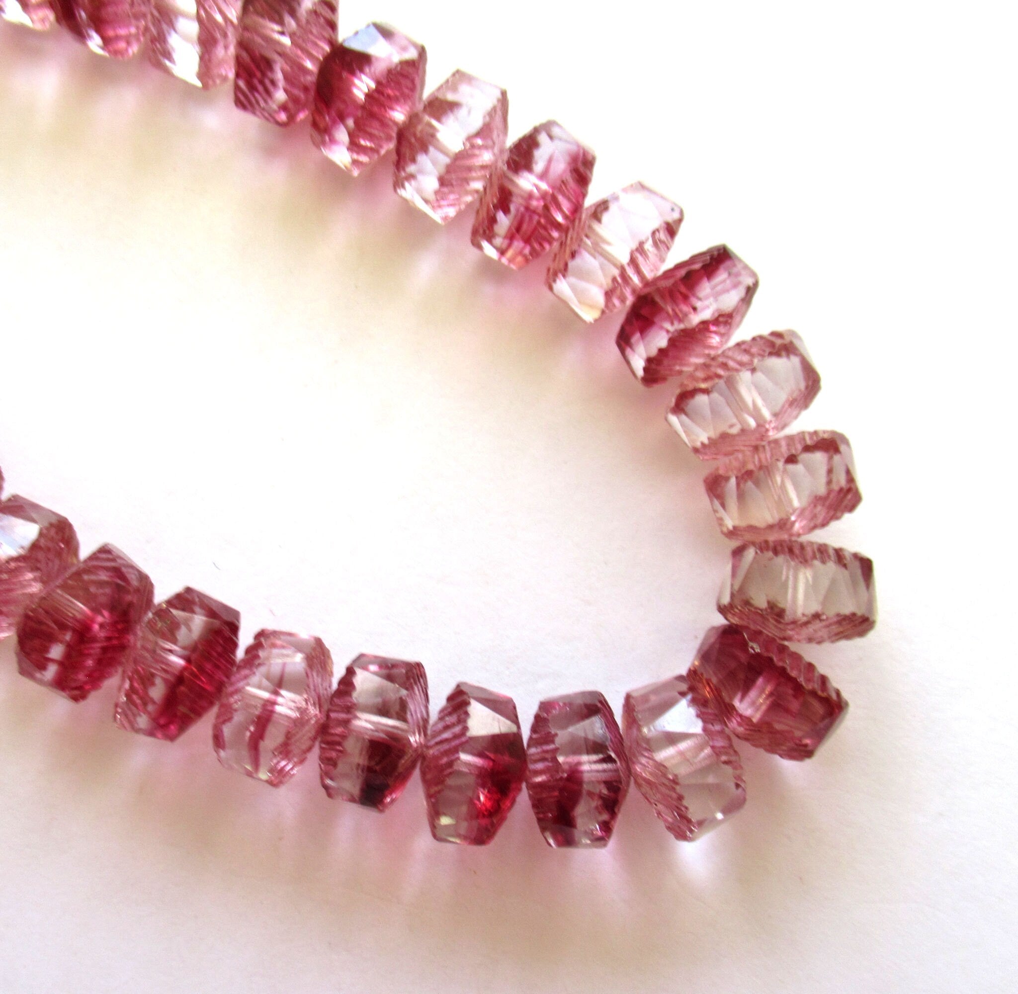 Lot of five Czech glass faceted wavy rondelle beads - large 14 x 6mm pink & crystal chunky rondelles - focal beads C00661