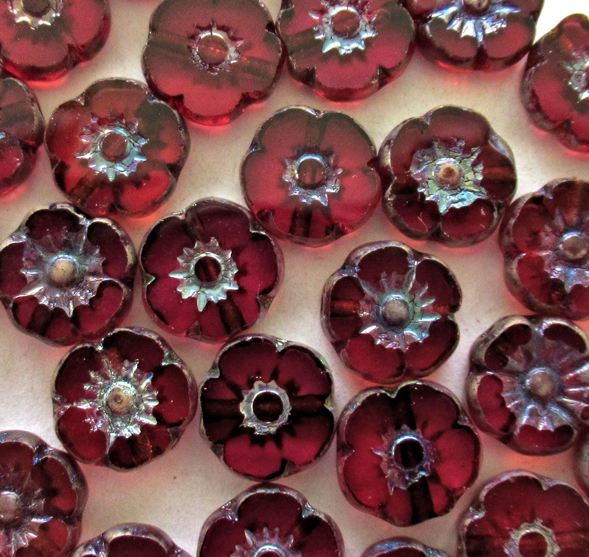 Ten Czech glass flower beads - transparent fuchsia pink w/ picasso accents - 10mm- table cut carved Hawaiian flower beads - C00101