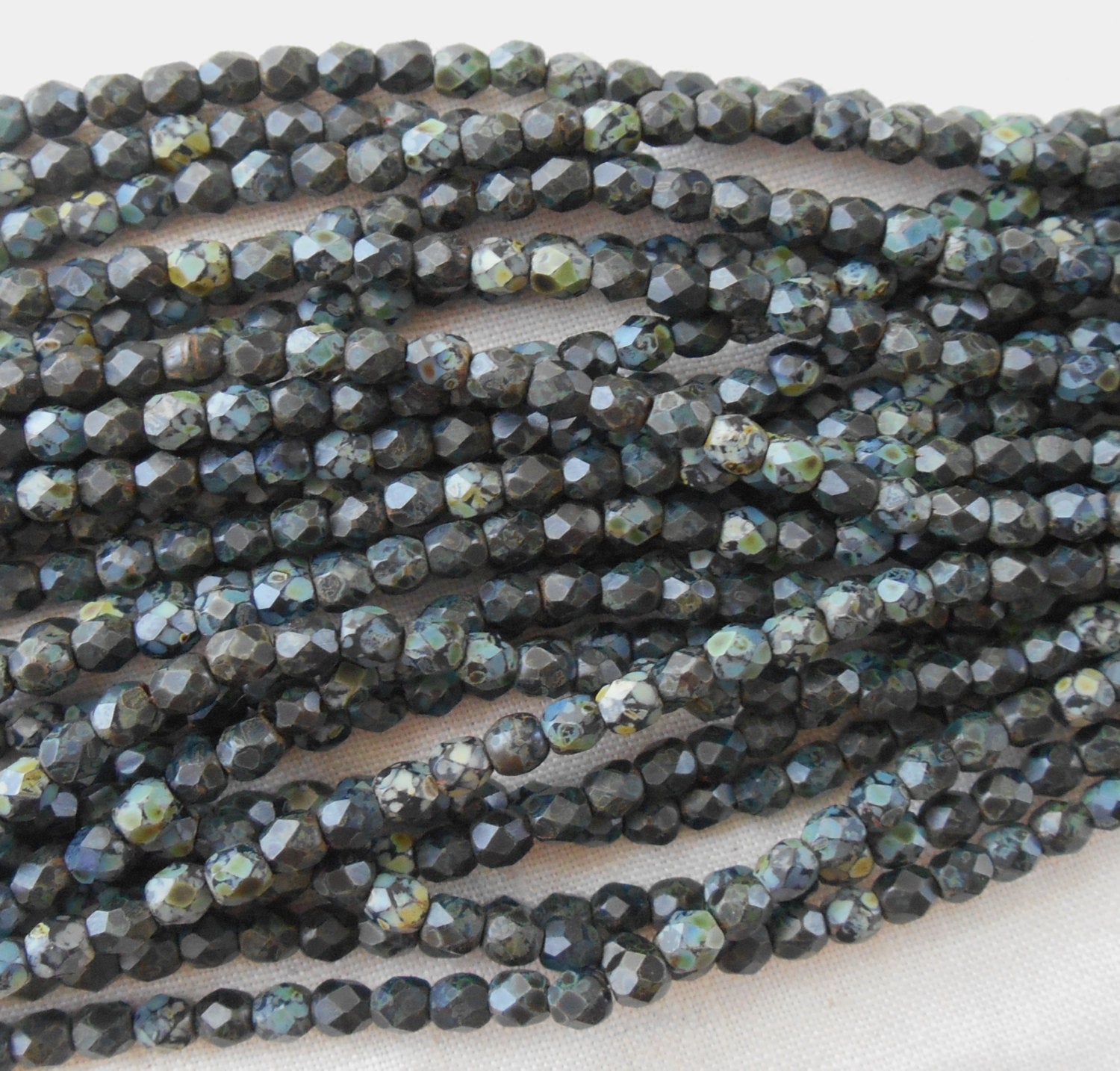 50 3mm Czech Matte Jet Black Picasso glass beads, round faceted fire polished beads, C8450