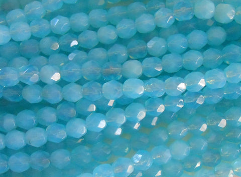 25 6mm Milky Aquamarine Czech glass beads, aqua blue firepolished, faceted round beads, C6425