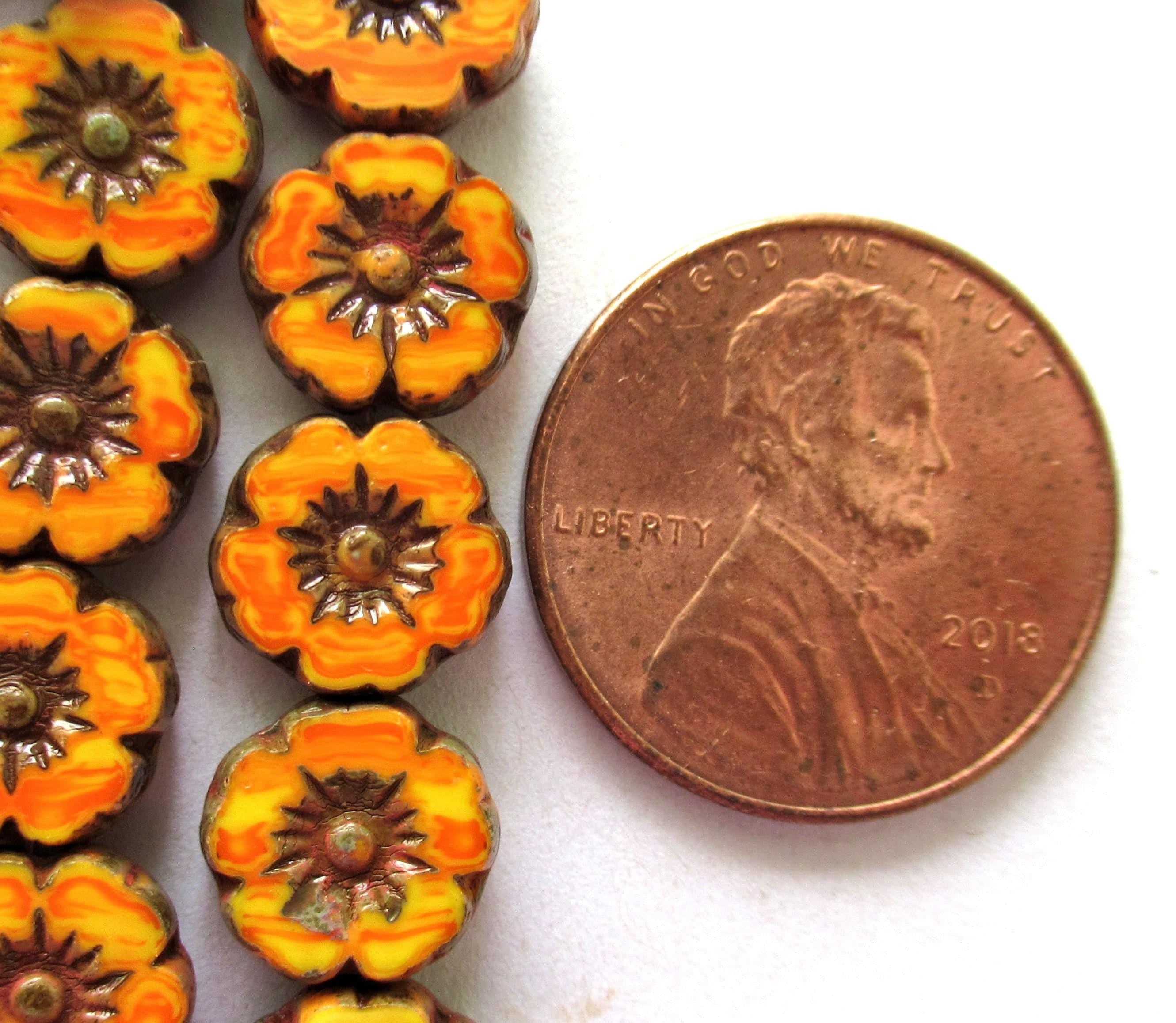 Lot of 15 8mm Czech glass flower beads - marbled opaque orange and yellow - table cut carved Hawaiian flower beads C00311