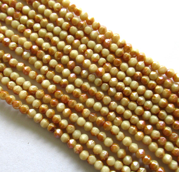 100 3mm English cut Czech glass beads - Antique Beige Celsian - opaque beige & caramel white spacer beads with a celsian finish - C0019