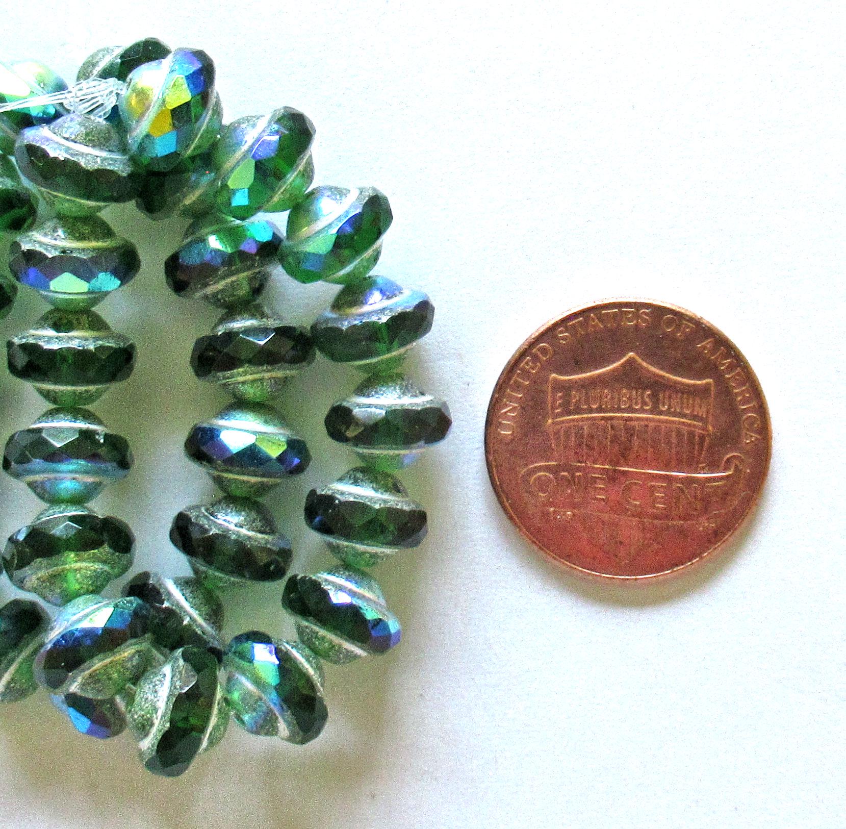 15 mini Czech glass saturn / saucer beads - 6 x 8mm - emerald green ab with antique silver picasso accents - C00842