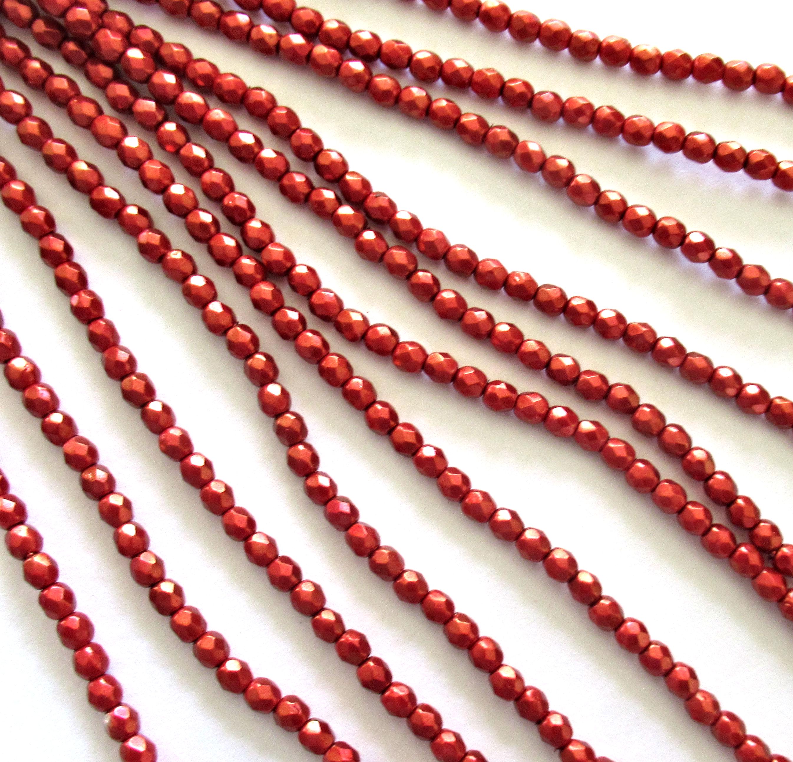 50 4mm Czech glass beads - Halo Ethereal Cardinal Red - fire polished, faceted round beads with a metallic look - C0047