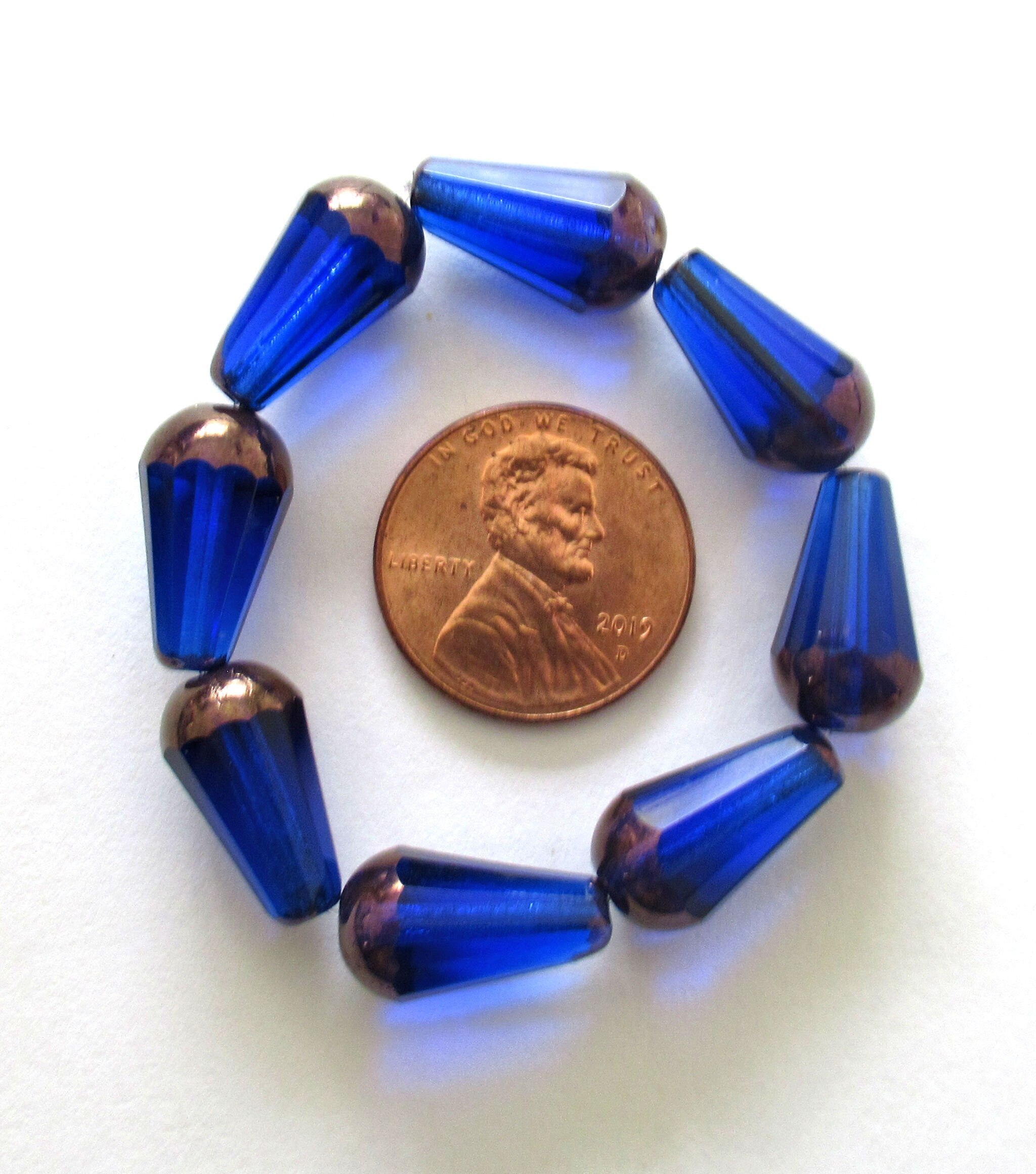 8 Czech glass faceted teardrop beads - 8 x 15mm transparent sapphire blue w/ a bronze finish on the ends - large drop beads - 00822