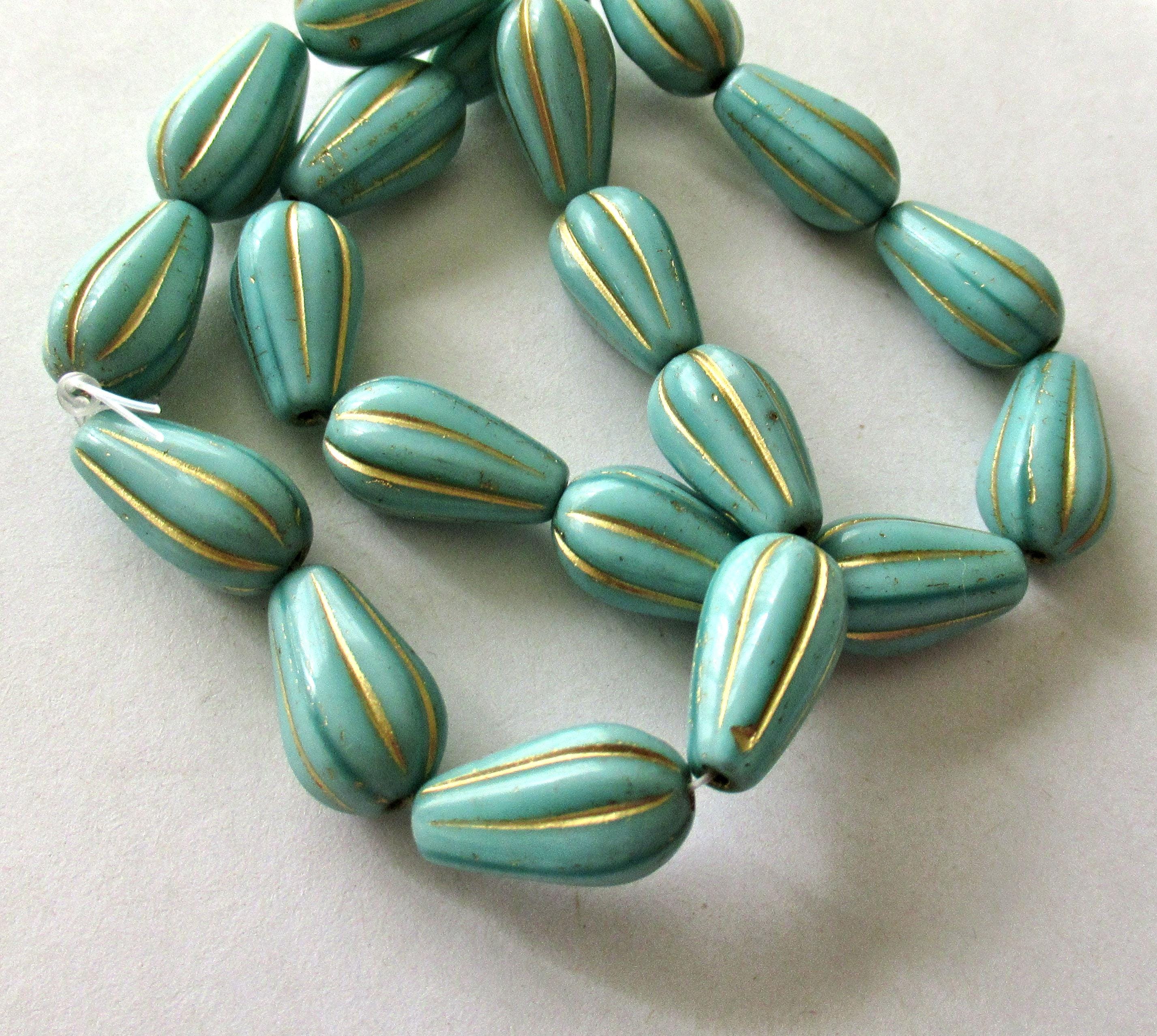 Ten Czech glass teardrop melon beads - turquoise blue green w/ gold accents - 15 x 8mm tear drops 00081