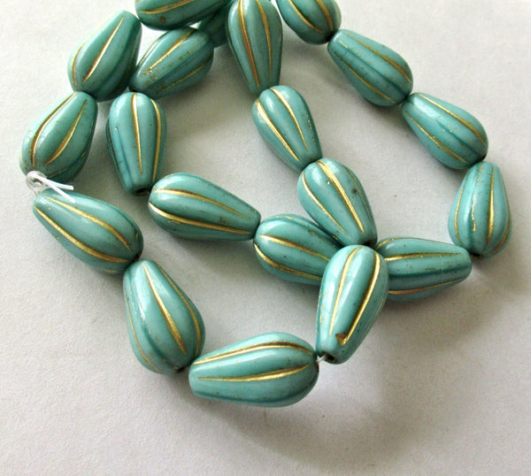 Ten Czech glass teardrop melon beads - turquoise blue green w/ gold accents - 15 x 8mm tear drops 00081