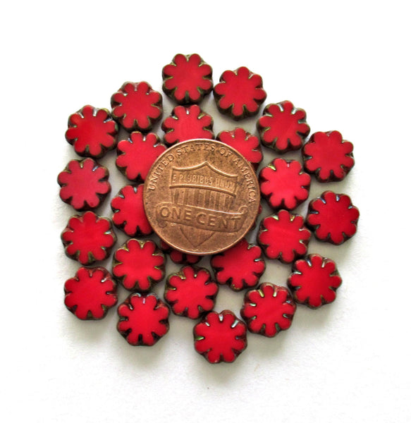 20 Czech glass flower beads - opaque red picasso beads - 9mm - table cut - cactus flower beads - C00832