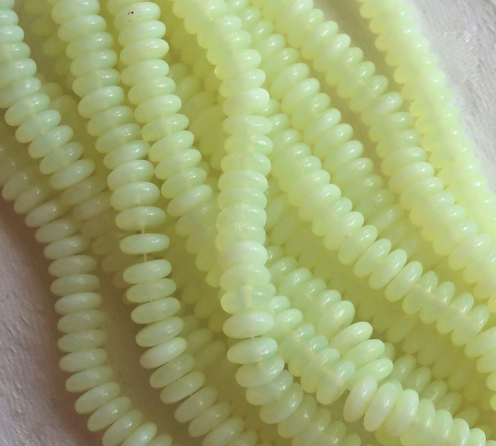 Lot of 50 6mm Czech glass rondelle beads, milky jonquil yellow flat spacers or rondelles C0601