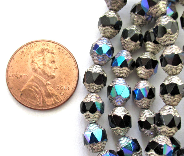 15 Czech glass mini antique style oval beads - 8 x 6mm jet black ab beads with silver accents - faceted fire polished beads - C00071