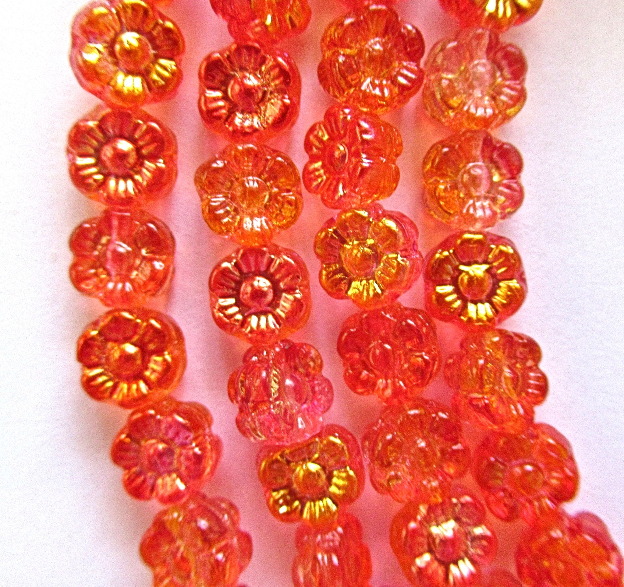 Thirty 6mm small Czech glass flower beads - hyacinth orange ab pressed glass flower beads - C00121