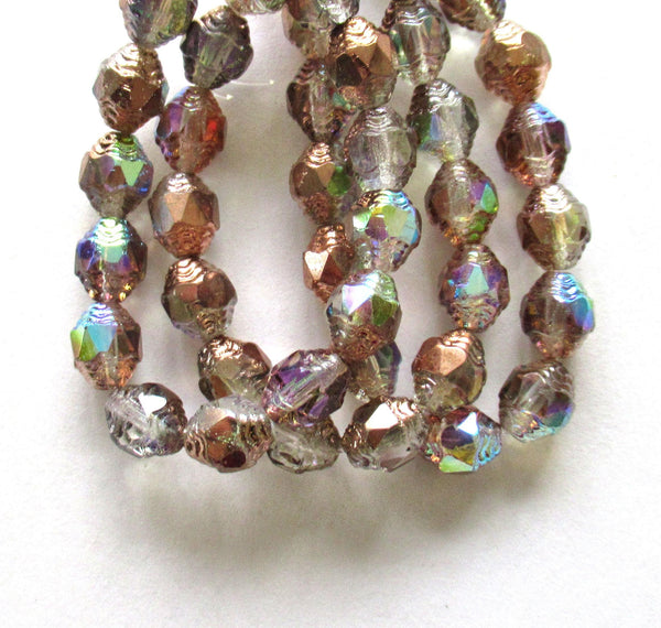 15 Czech glass mini antique style faceted oval beads - 8 x 6mm crystal clear beads with copper and rainbow ab finishes - C00071