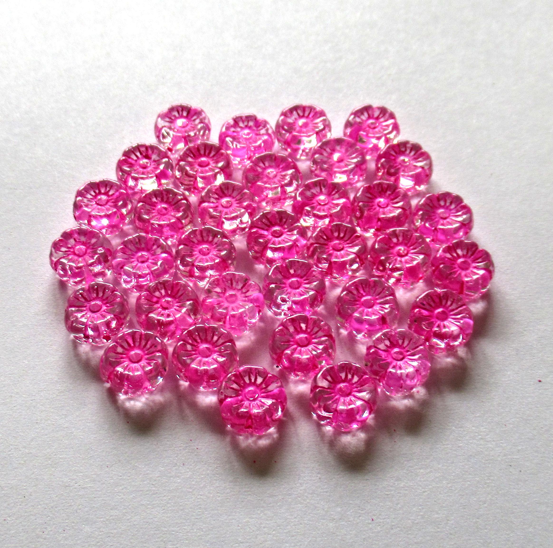15 Czech glass flower beads - 8mm - crystal clear w/ a bright pink wash - Hawaiian hibiscus flowers - C00701