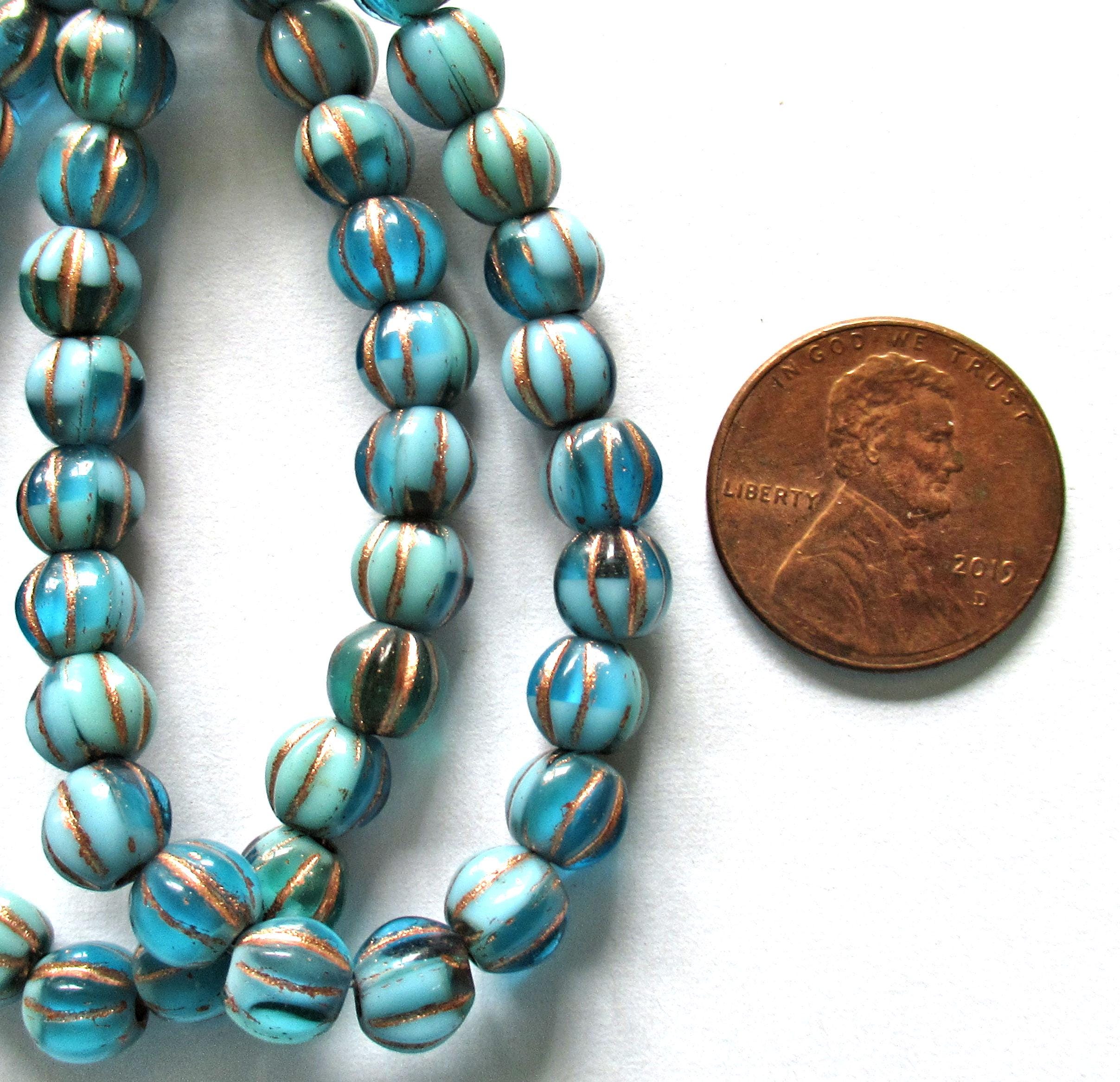 25 Czech glass big hole melon beads - 6mm - opaque & transparent blue with bronze accents - C00601