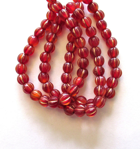 25 6mm Czech glass melon beads - transparent siam red with a gold wash - pressed glass beads - C0058