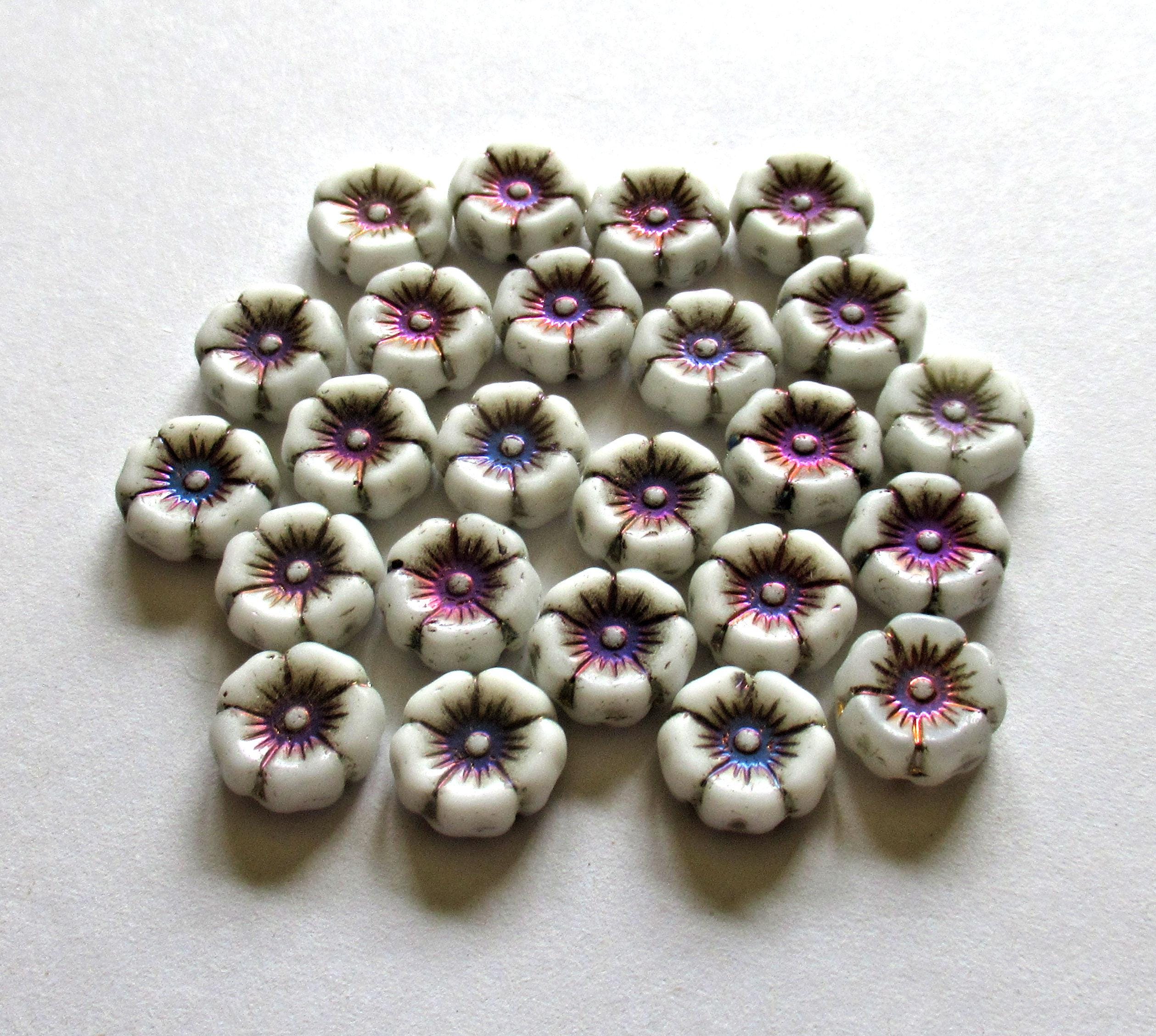 8 Czech glass flower beads - 12mm - opaque white Hawaiian hibiscus flowers with a purple & pink metallic wash - C00051