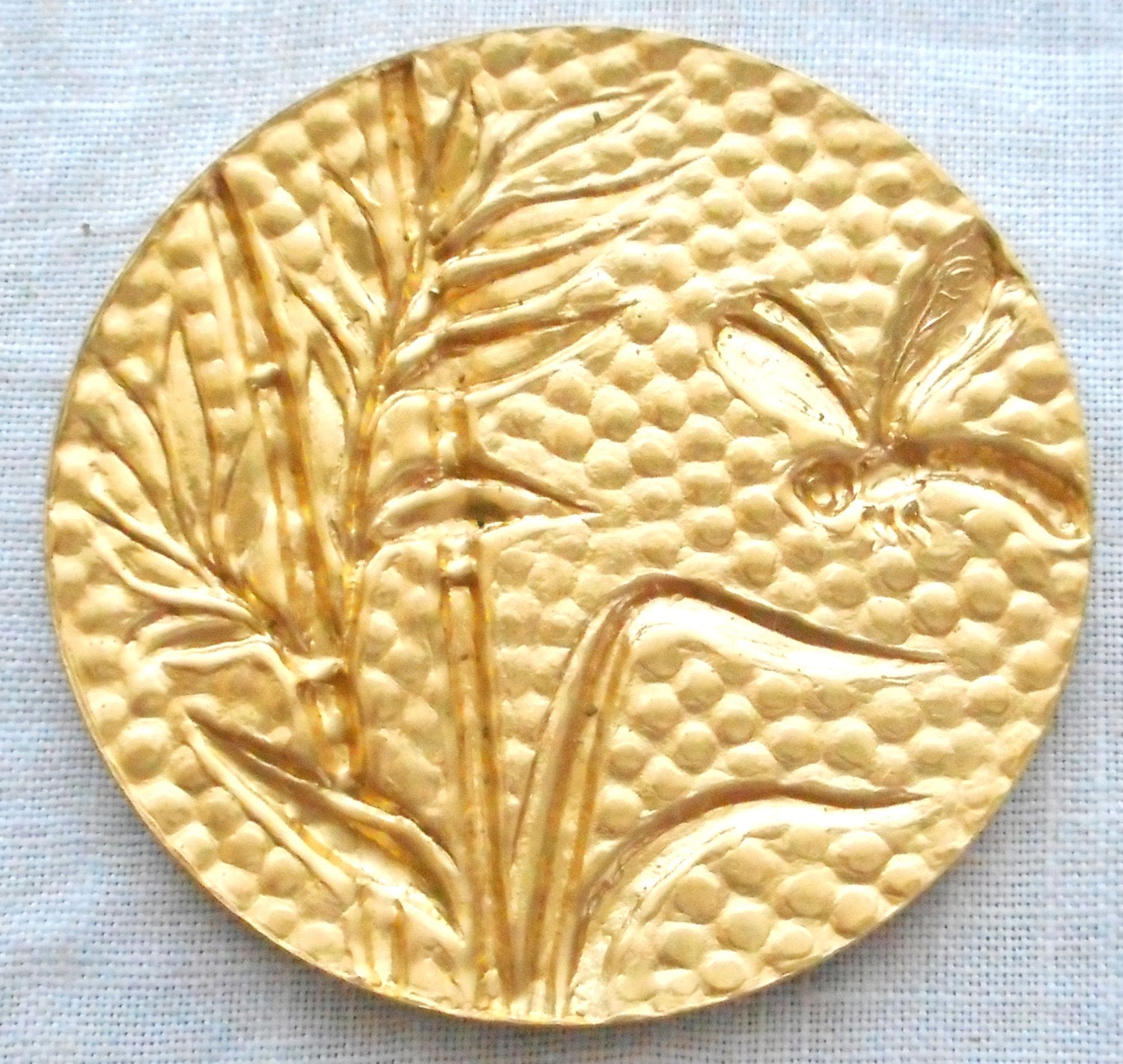 1 raw brass plant & dragonfly medallion, pendant, charm, brass stamping, 42mm, made in the USA C0601 - Glorious Glass Beads