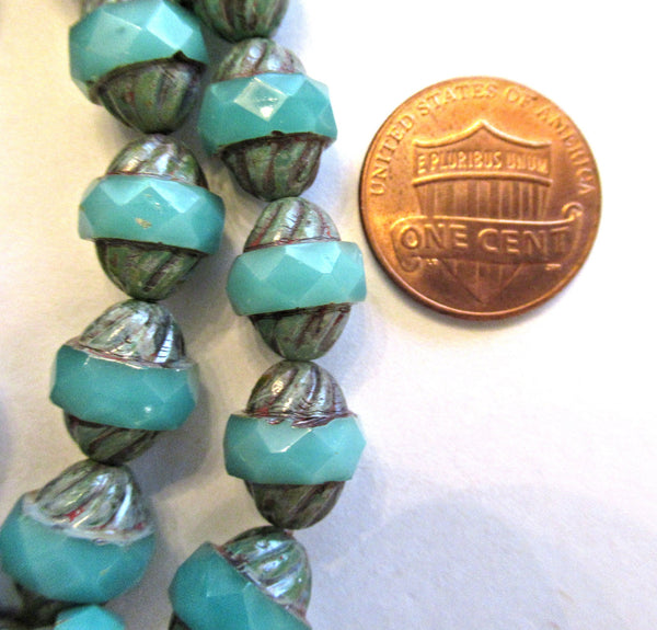Ten Czech glass turbine beads - 11 x 10mm light translucent milky blue green faceted saucer beads with a Picasso finish C00681