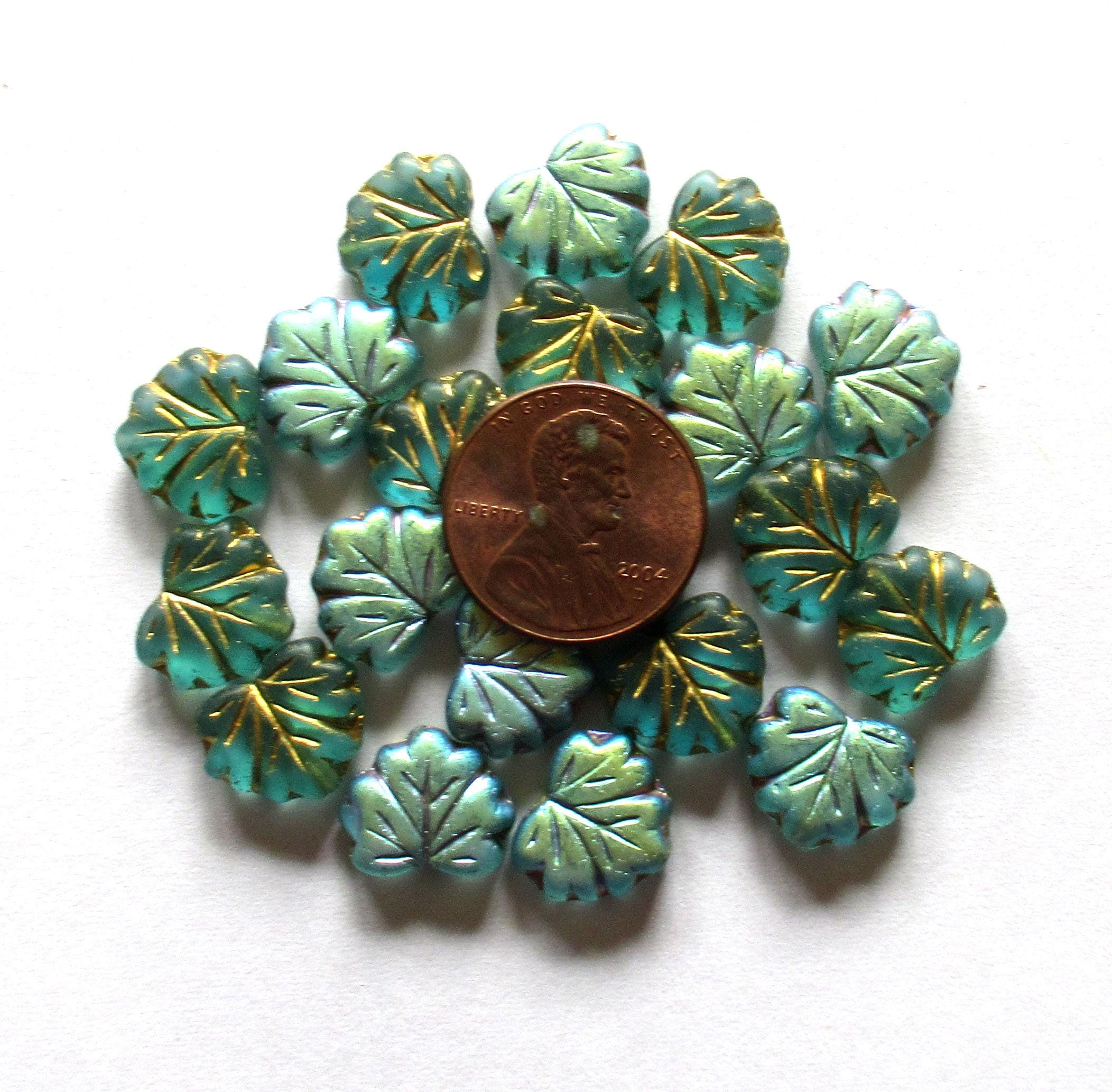 10 Czech glass maple leaf beads - teal blue green w/ rainbow AB finish & gold accents - 13 x 11mm - 00521