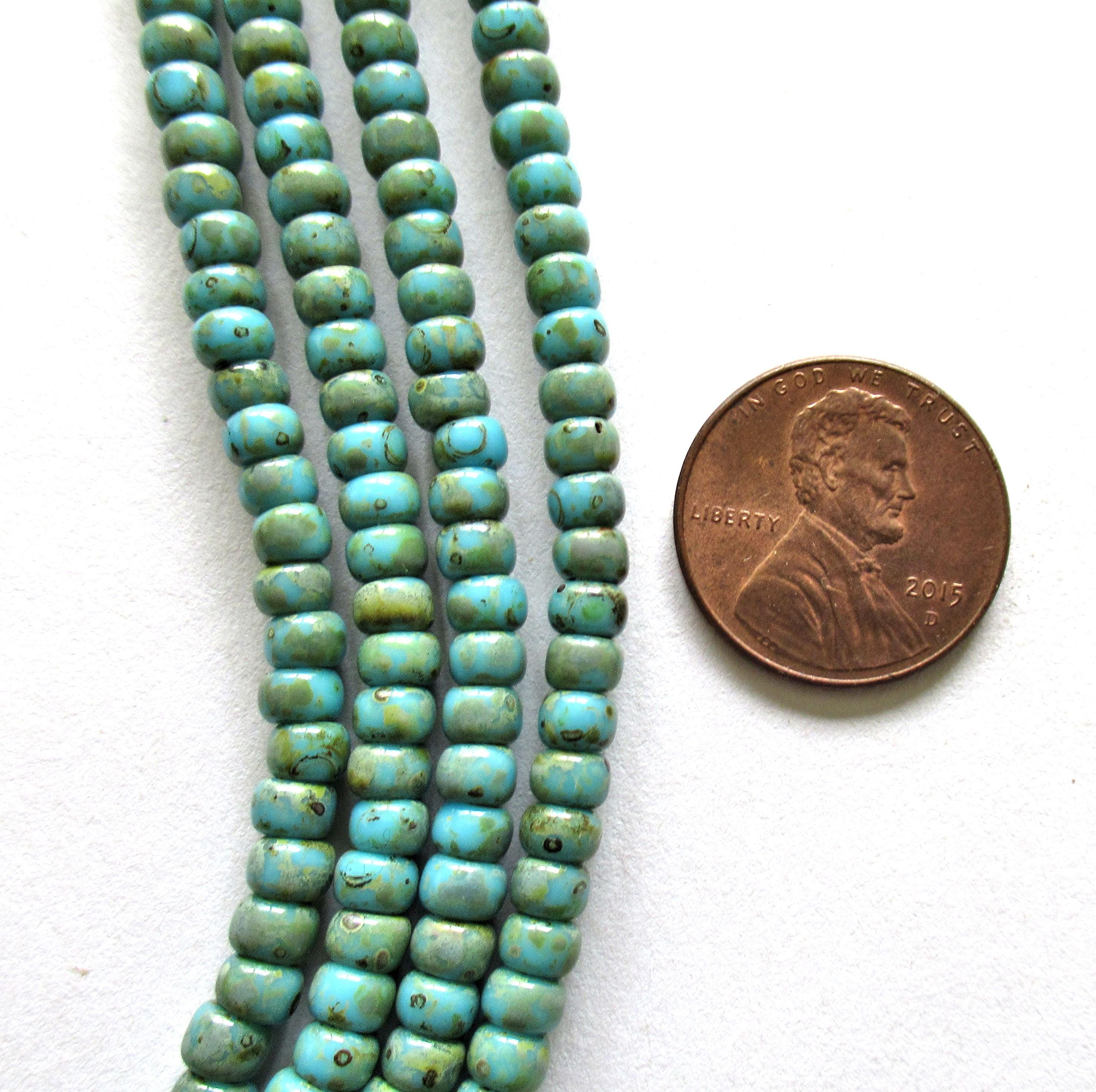 6/0 Czech glass aged seed beads - opaque turquoise blue picasso beads - one 24 inch strand - approx 218 beads - C00755