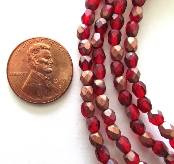 50 4mm Czech Czech glass faceted beads - matte ruby red / light garnet with copper accents - fire polished, round beads - C0009