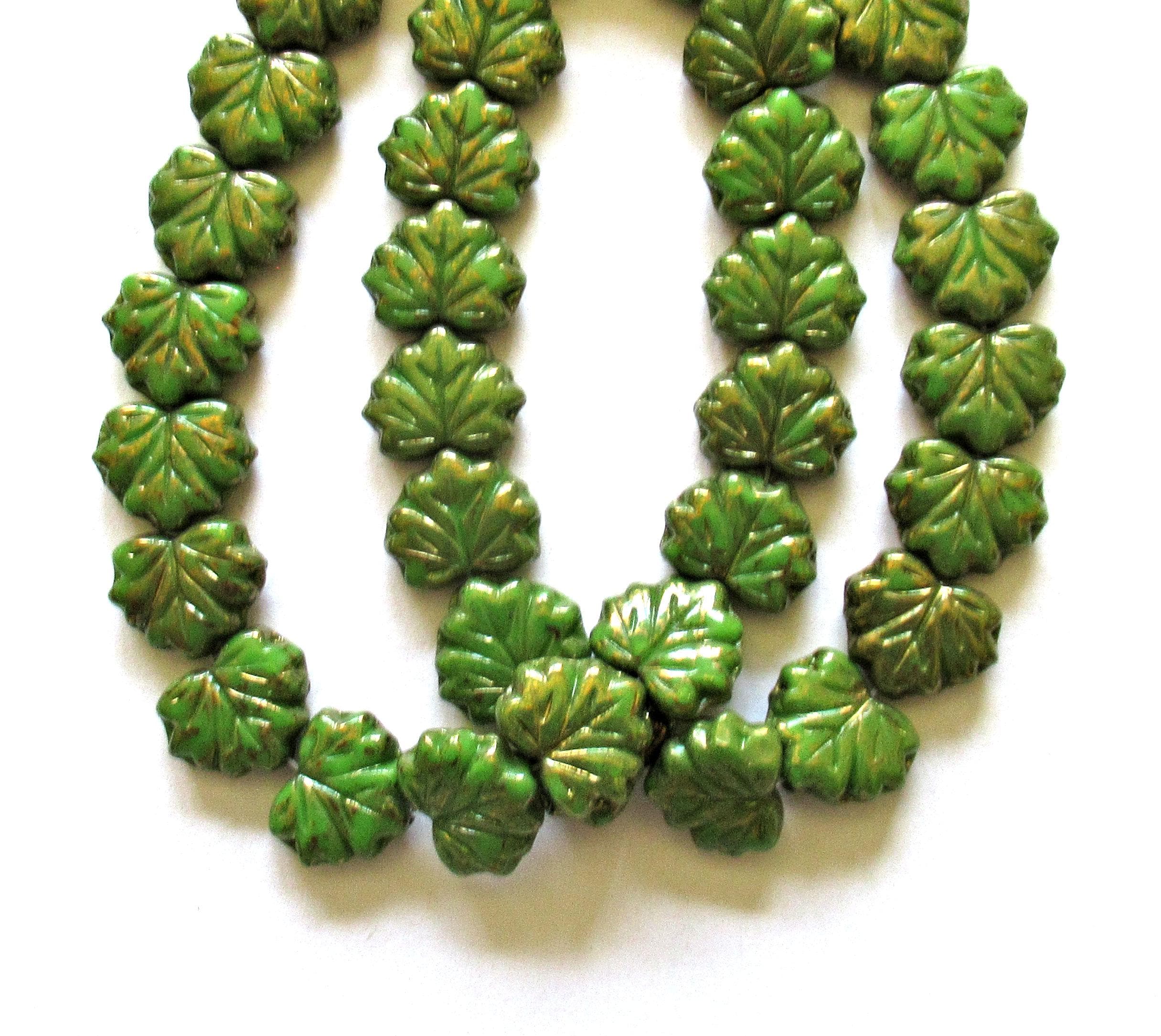 10 Czech glass maple leaf beads - opaque avocado green with a gold luster finish - 13 x 11mm - 00851