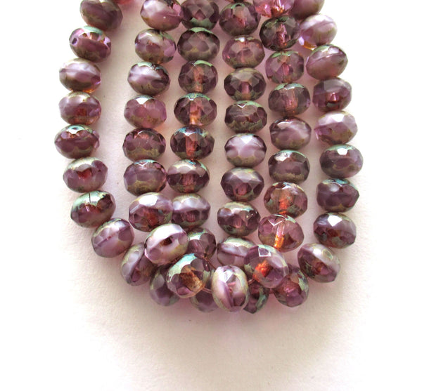 25 Czech glass faceted puffy rondelle beads - 5 x 7mm transparent & opaque purple lavender light amethyst mix picasso rondelles C00112