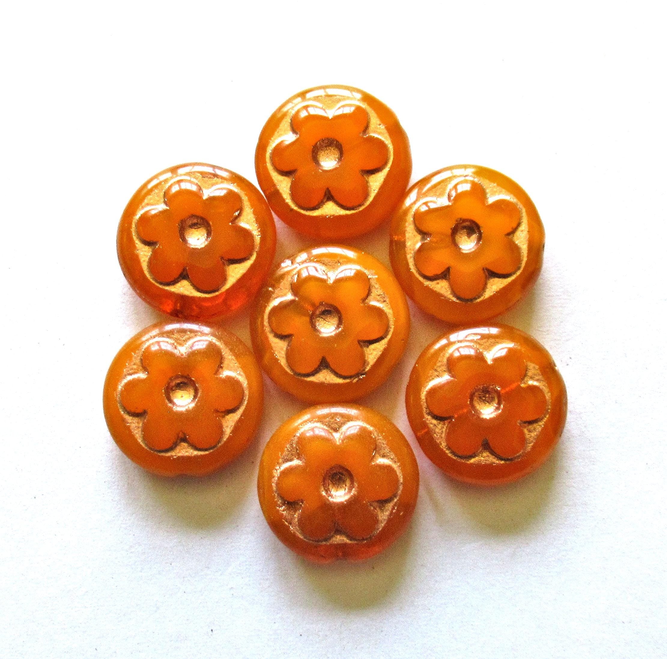 6 Czech glass flower coin beads - 17mm - orange opal w/ a copper wash - retro, groovy flower power beads - C00391