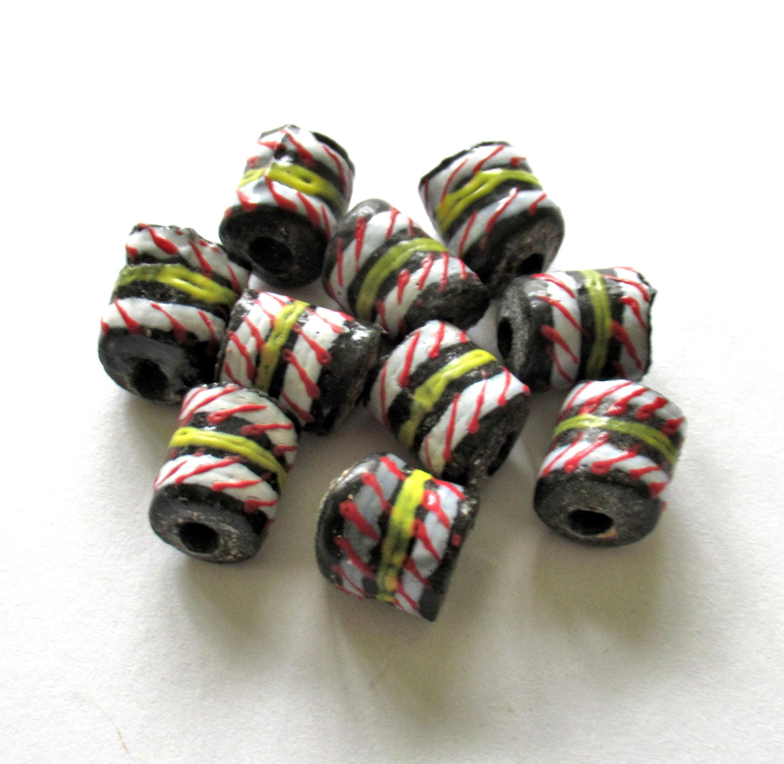 8 African Ghana glass tube beads - black beads w/ a white red & yellow stripes- 13 - 16mm by 11 to 12.5mm - big hole beads - C00771