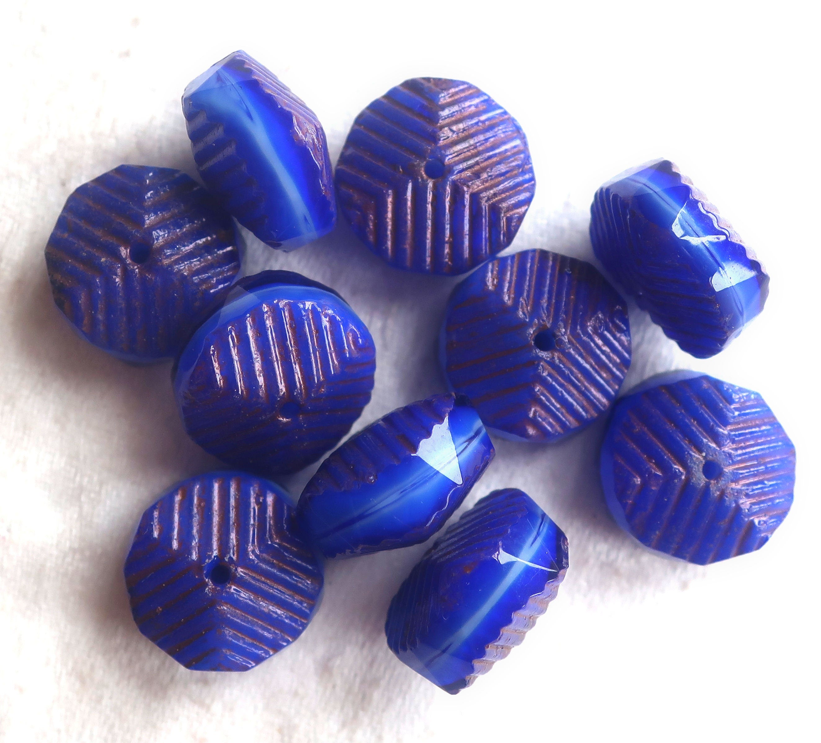 Six Czech glass faceted wavy rondelle beads - large 14 x 6mm royal blue & white with purple/bronze finish - chunky statement beads - C00991