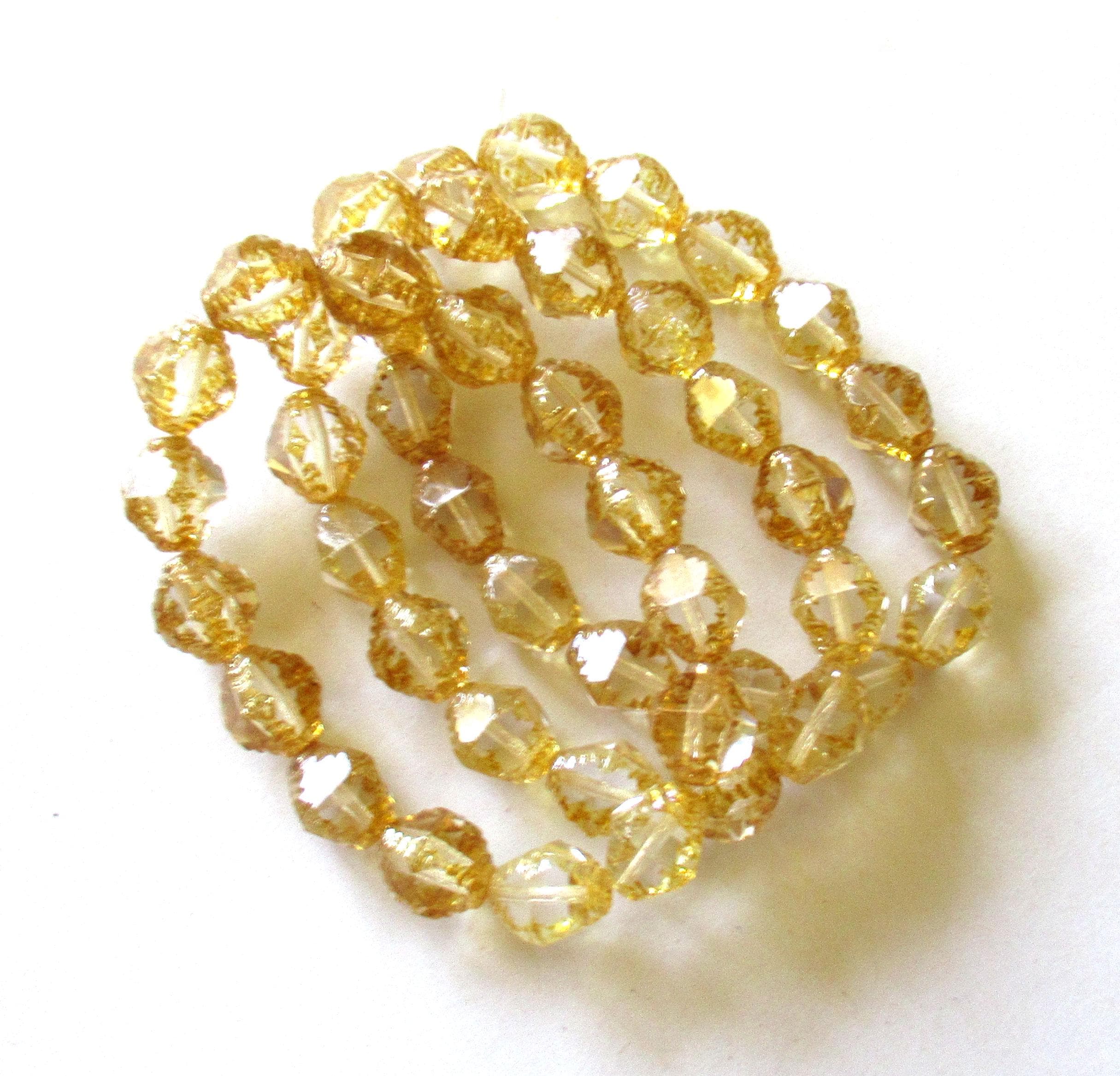 15 Czech glass bicone beads - 10mm - crystal clear with picasso accents - carved notched beads - C00053