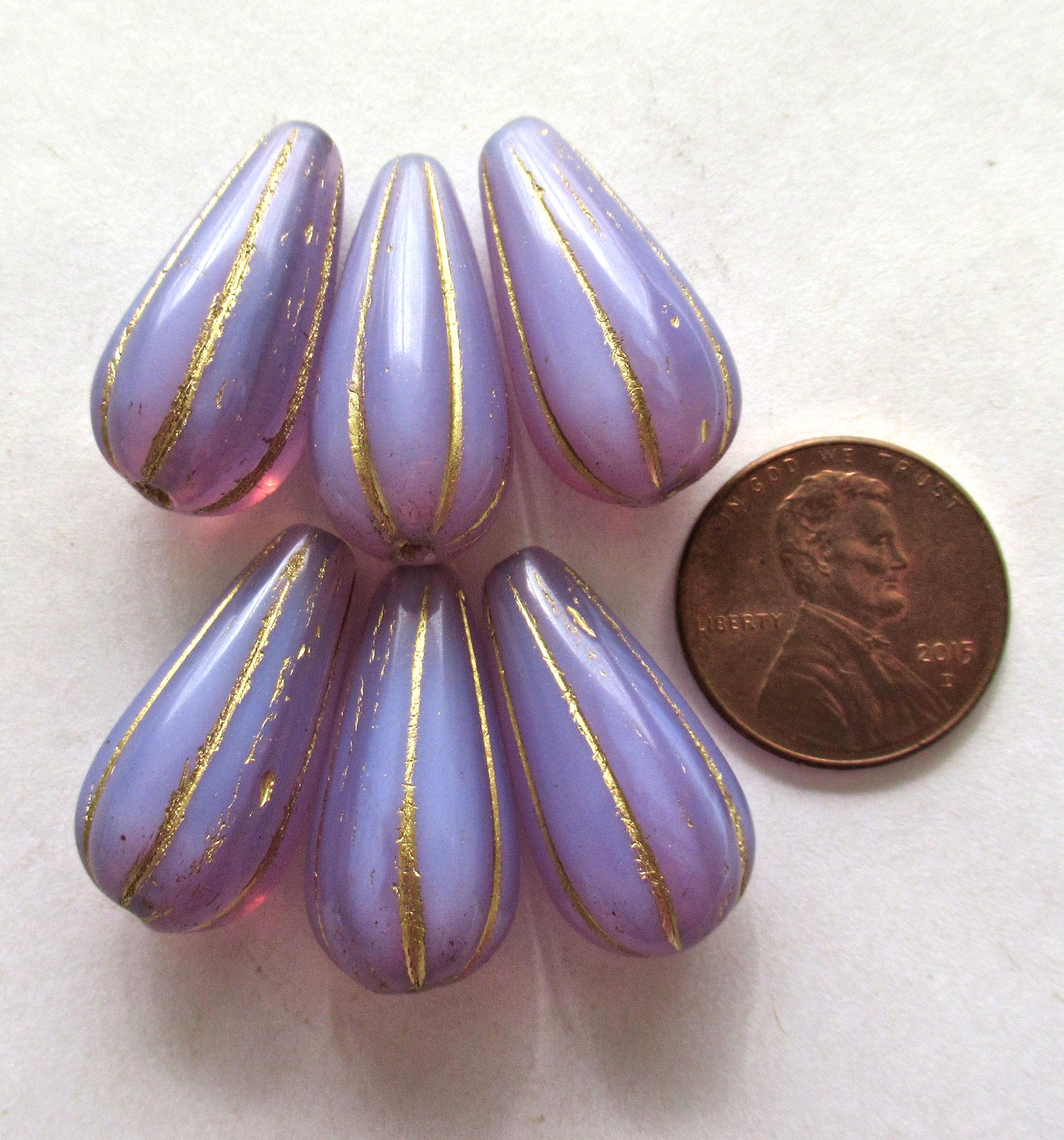 Six large Czech glass teardrop melon beads - milky lavender purple lilac opal w/ gold accents - 22 x 11mm tear drops 00391