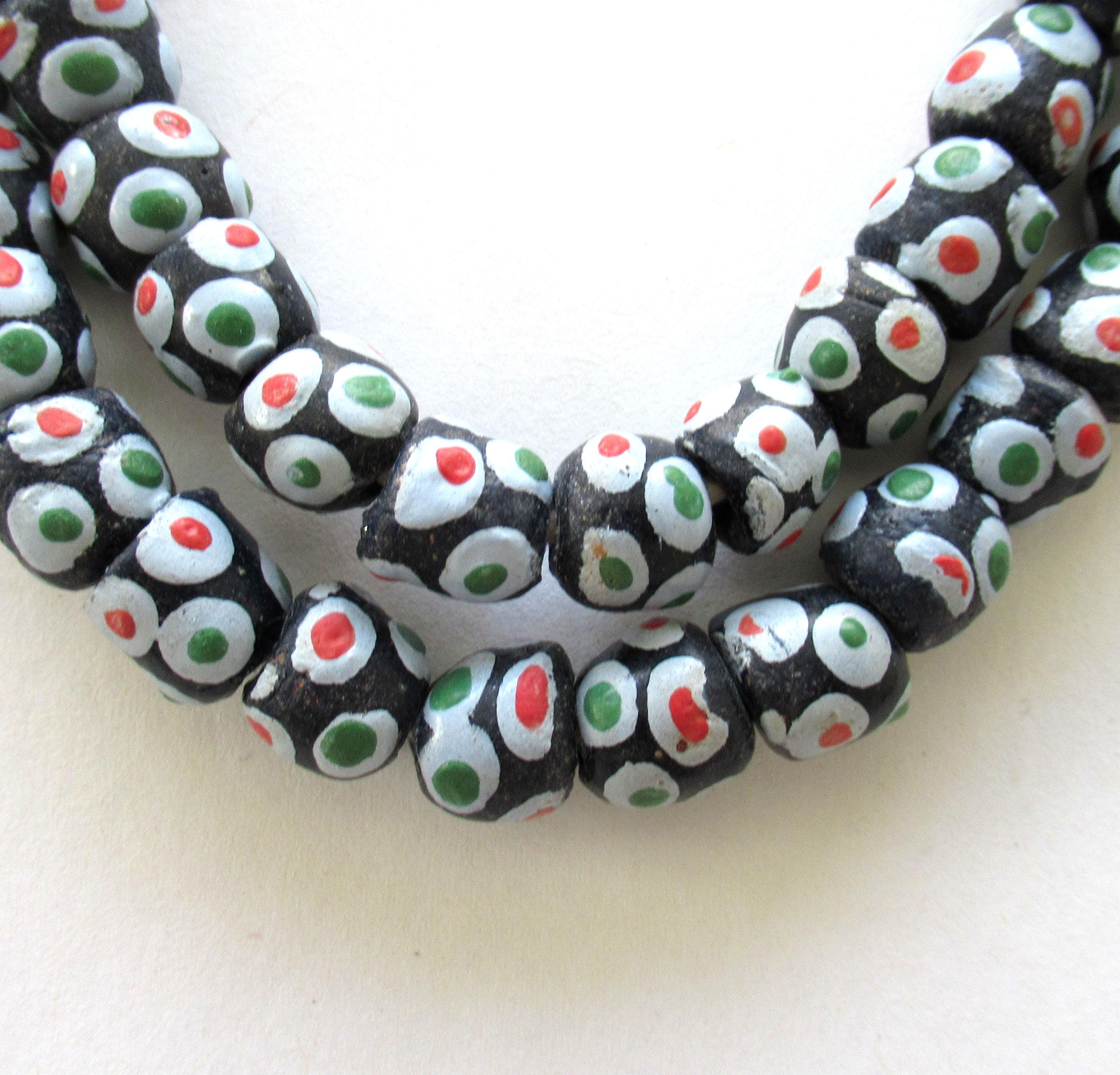 African Ghana Krobo round glass beads - black beads with dots - 9.5-11mm - big hole rustic beads - ten beads - C00401