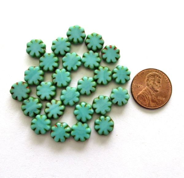 15 Czech glass flower beads - turquoise green picasso beads - 9mm - table cut cactus flower beads - C00261