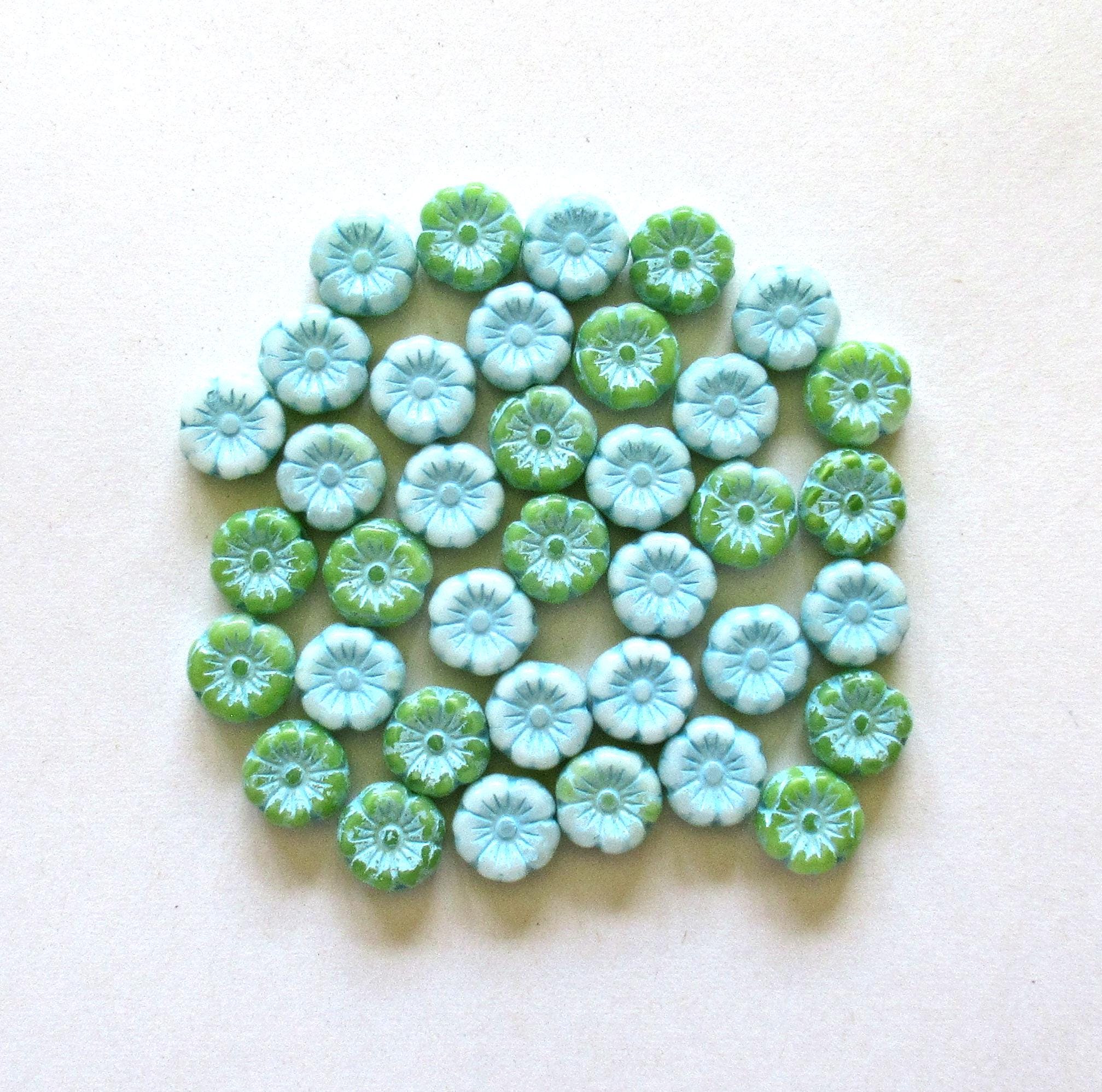 15 Czech glass flower beads - 8mm - opaque light blue &green mix w/ a blue wash - pressed floral beads - C00221