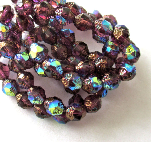 15 Czech glass mini antique style oval beads - 8 x 6mm amethyst purple ab beads with bronze accents - faceted fire polished beads - C00191