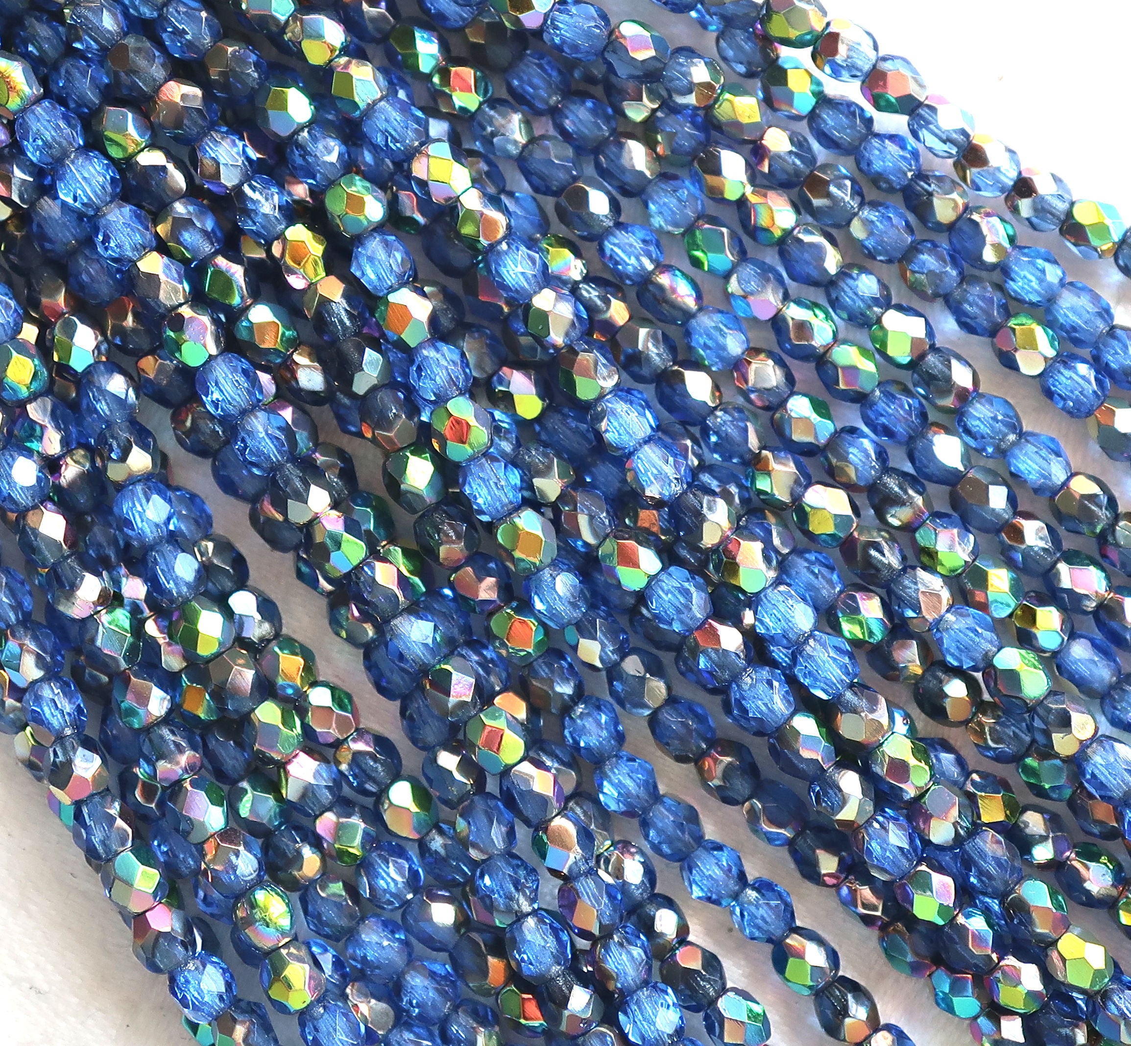 Lot of 50 3mm Sapphire Blue Vitral Czech glass beads, firepolished faceted round beads C8450