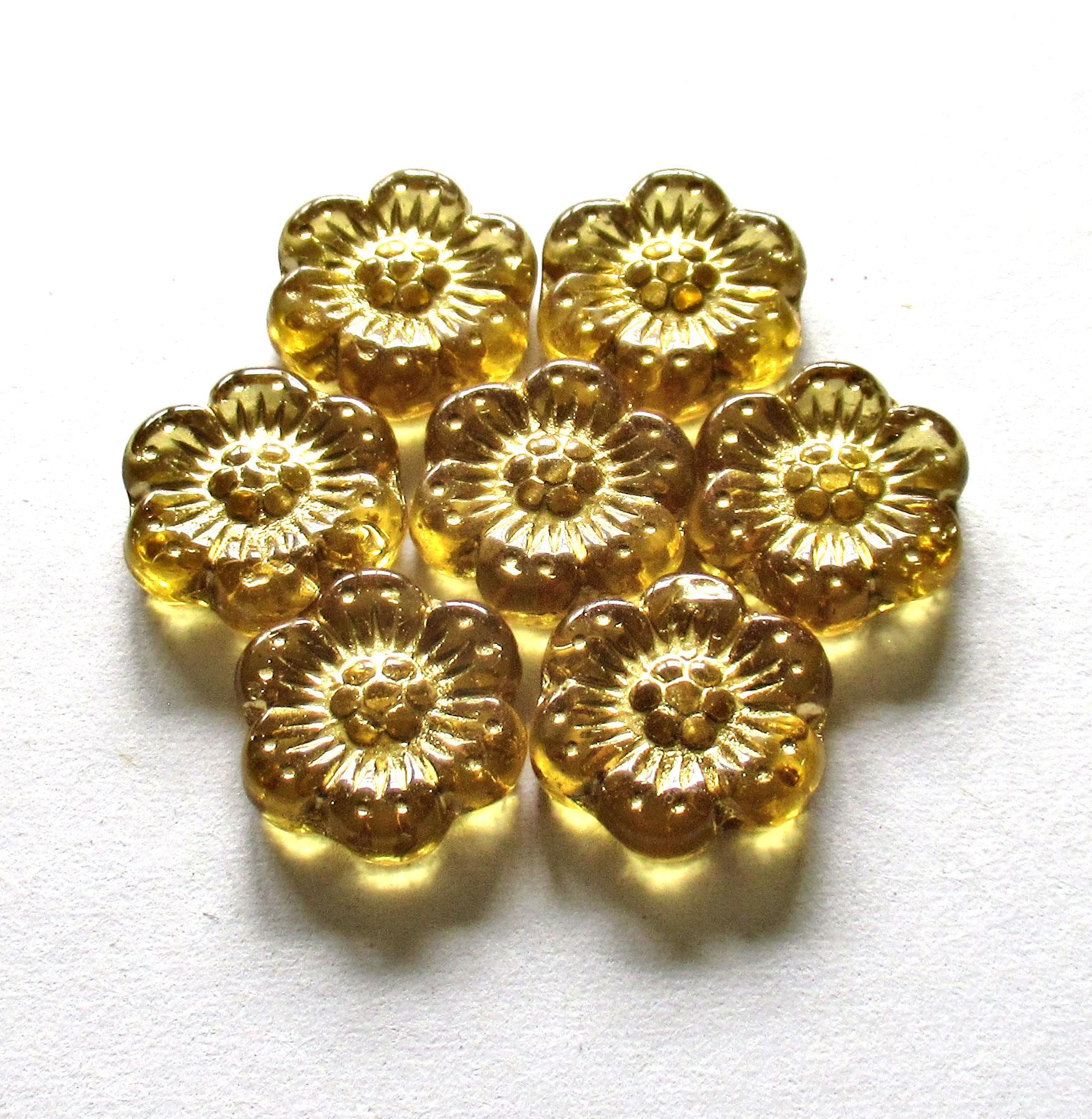 Ten Czech glass wild rose flower beads - 14mm - transparent amber with a gold wash - C00131