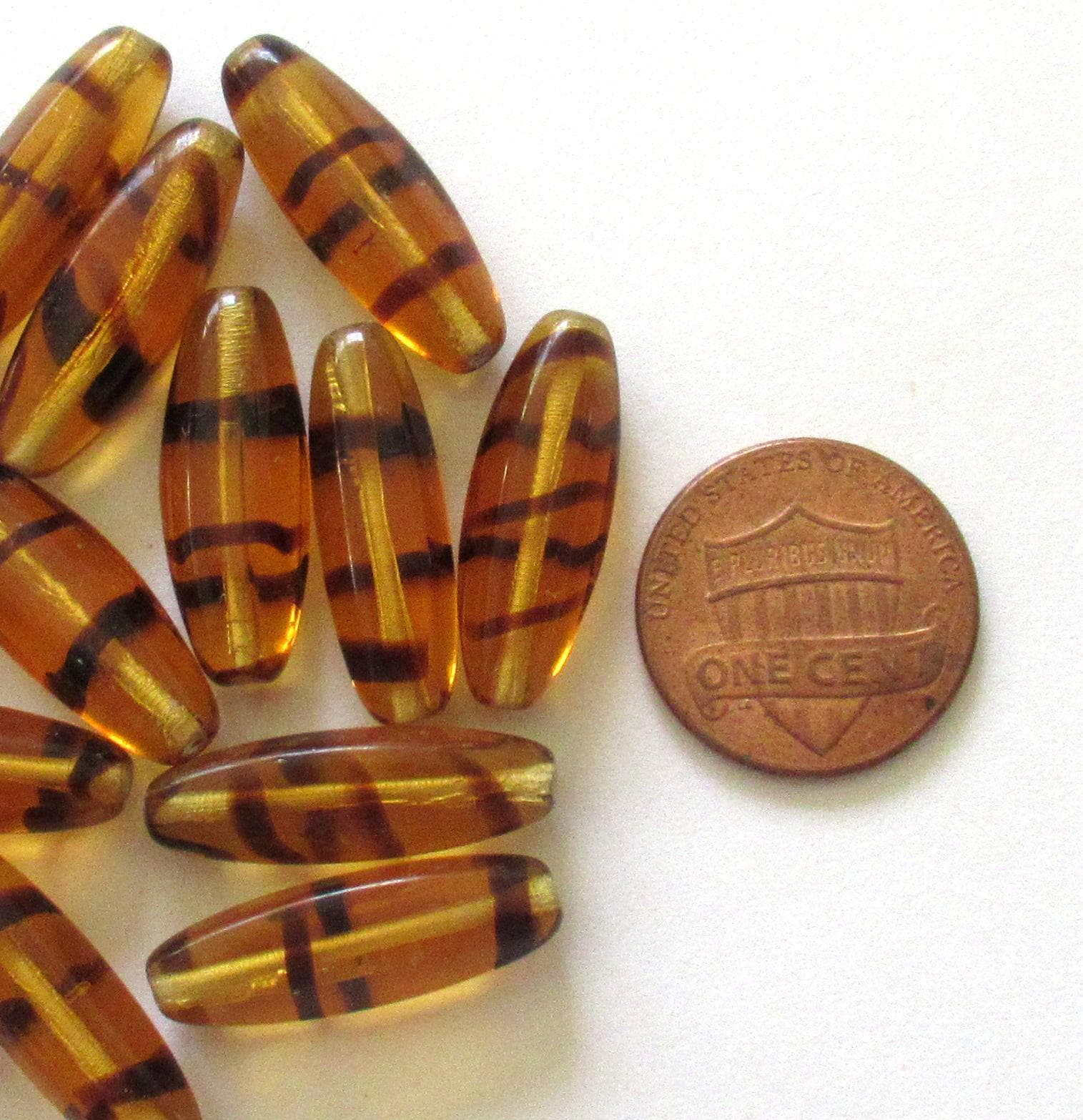 Large Czech glass tube beads - tortoiseshell amber beads - 22 x 9mm - 10 beads - C0038