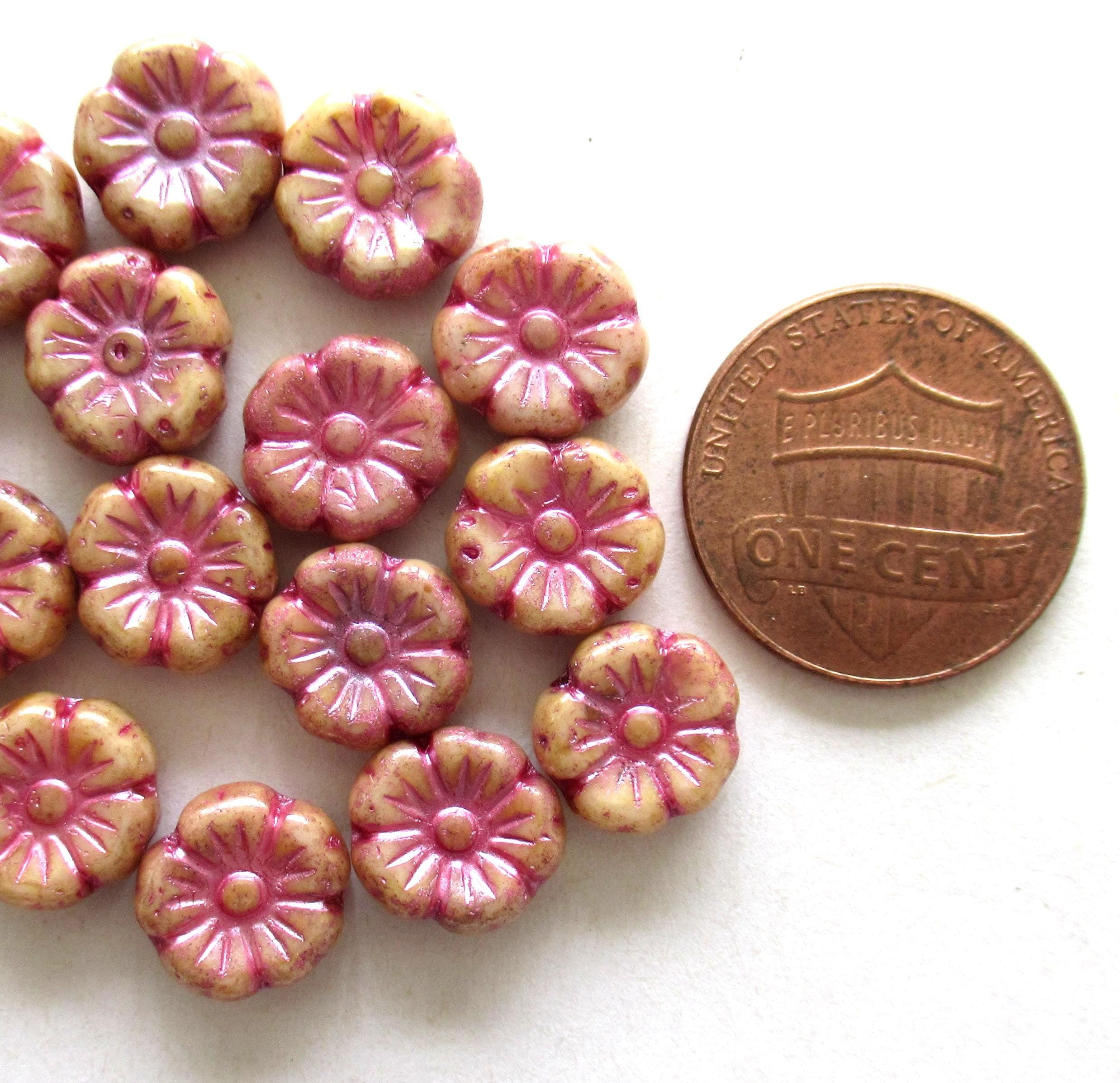 Lot of 16 9mm Czech glass flower beads - off white picasso beads w/ a pink wash - Hawaiian hibiscus flower beads C00071
