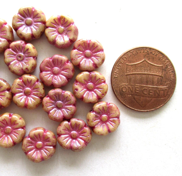 Lot of 16 9mm Czech glass flower beads - off white picasso beads w/ a pink wash - Hawaiian hibiscus flower beads C00071
