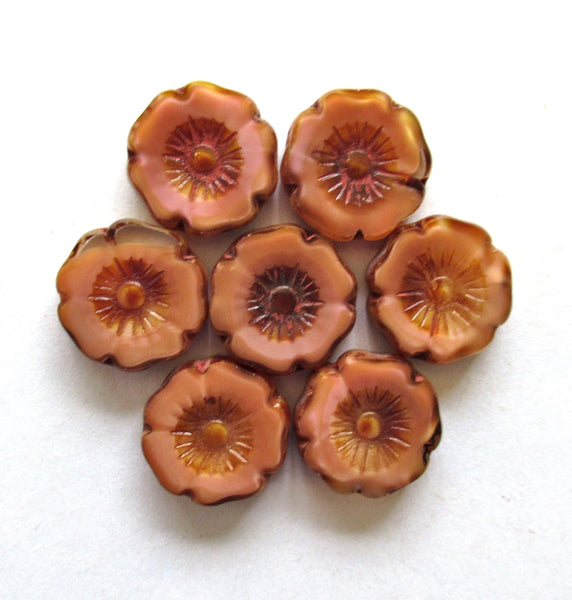 Two large 20mm Czech glass flower beads - silky marbled pink picasso beads - table cut Hawaiian hibiscus focal or statement beads - 00661