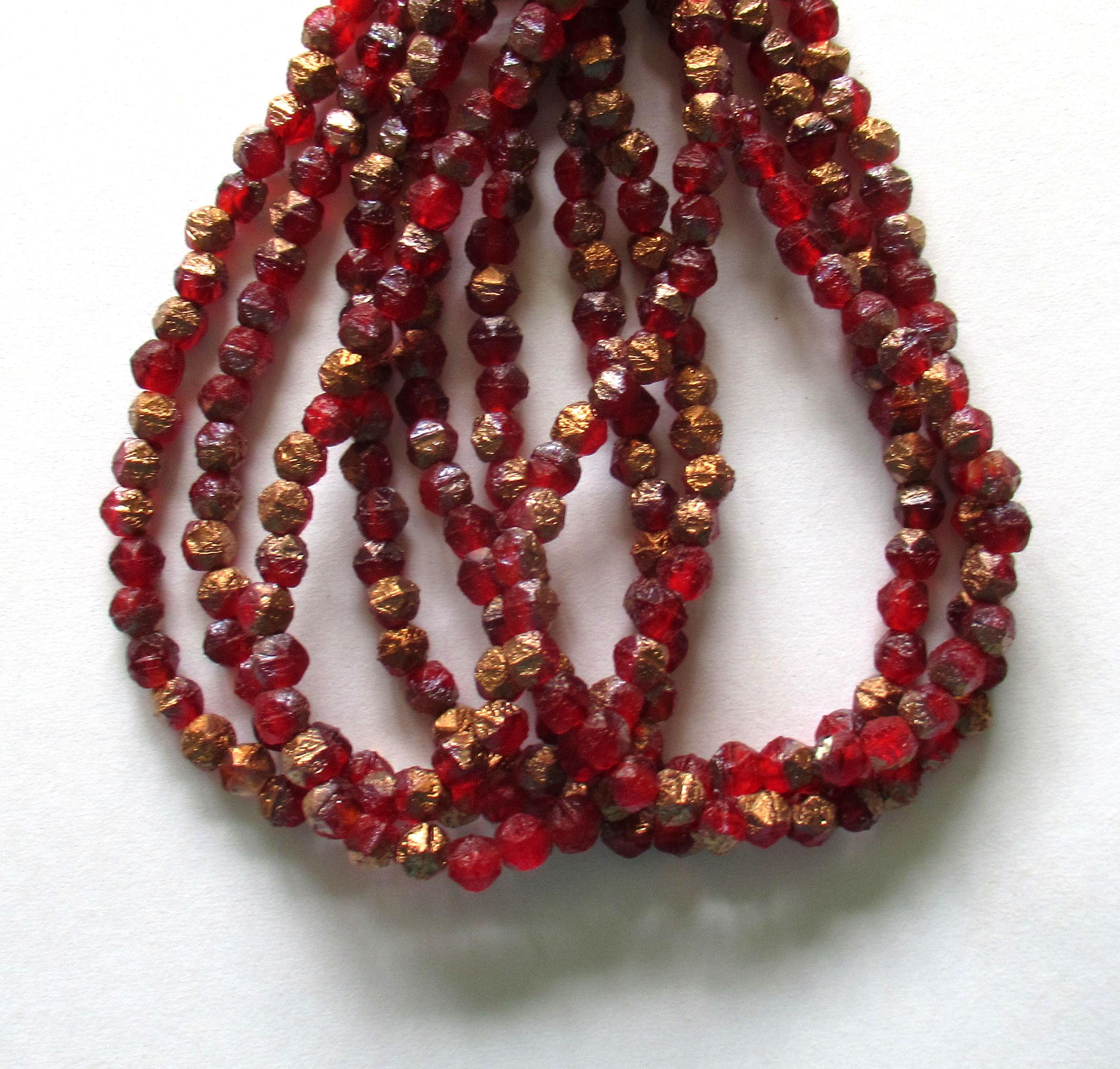 50 4mm Czech glass etched English cut beads - ruby red beads with copper accents - C00311