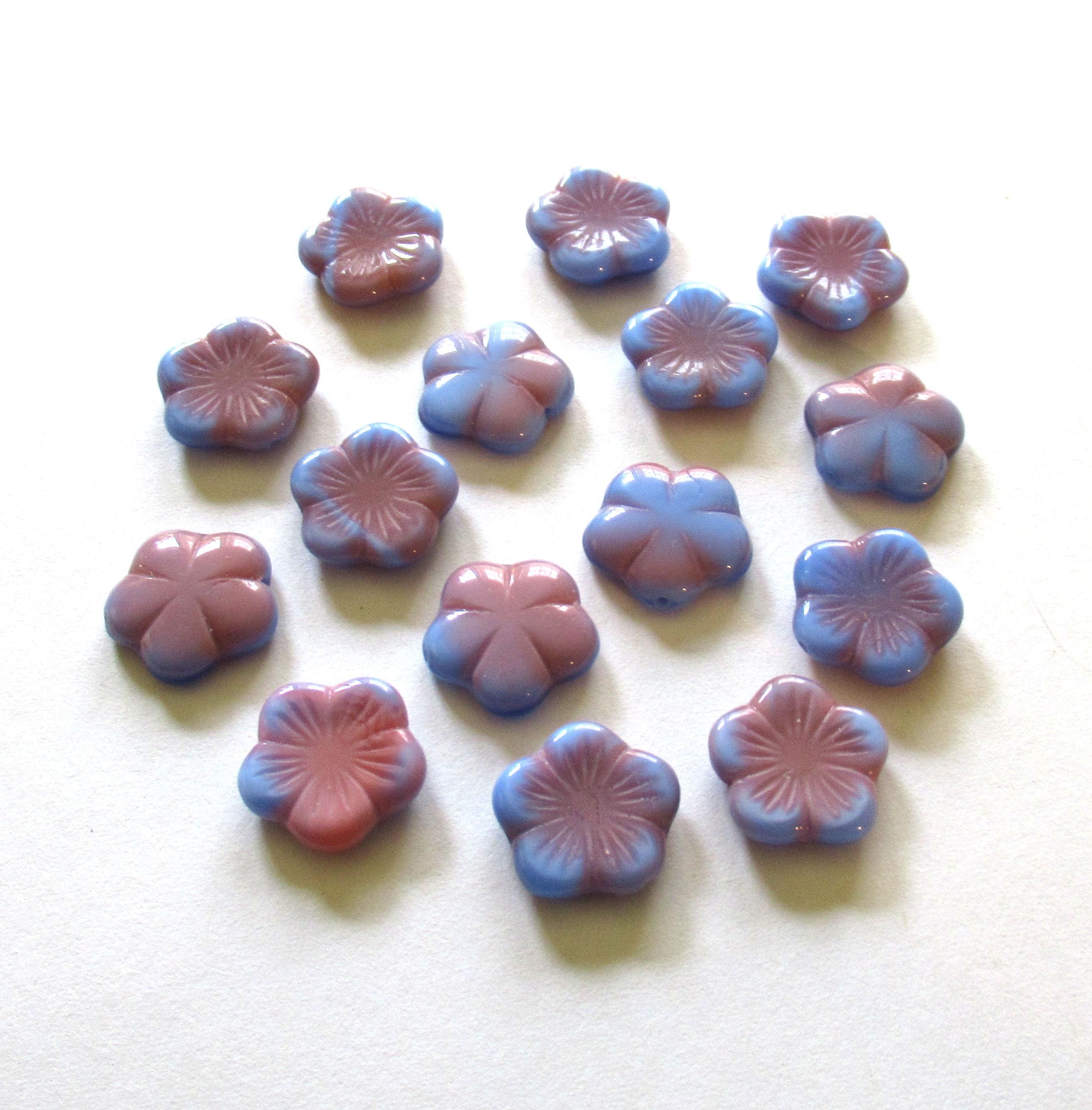 Ten 14mm Czech glass flower beads - opaque blue & pink pressed floral beads - C0661