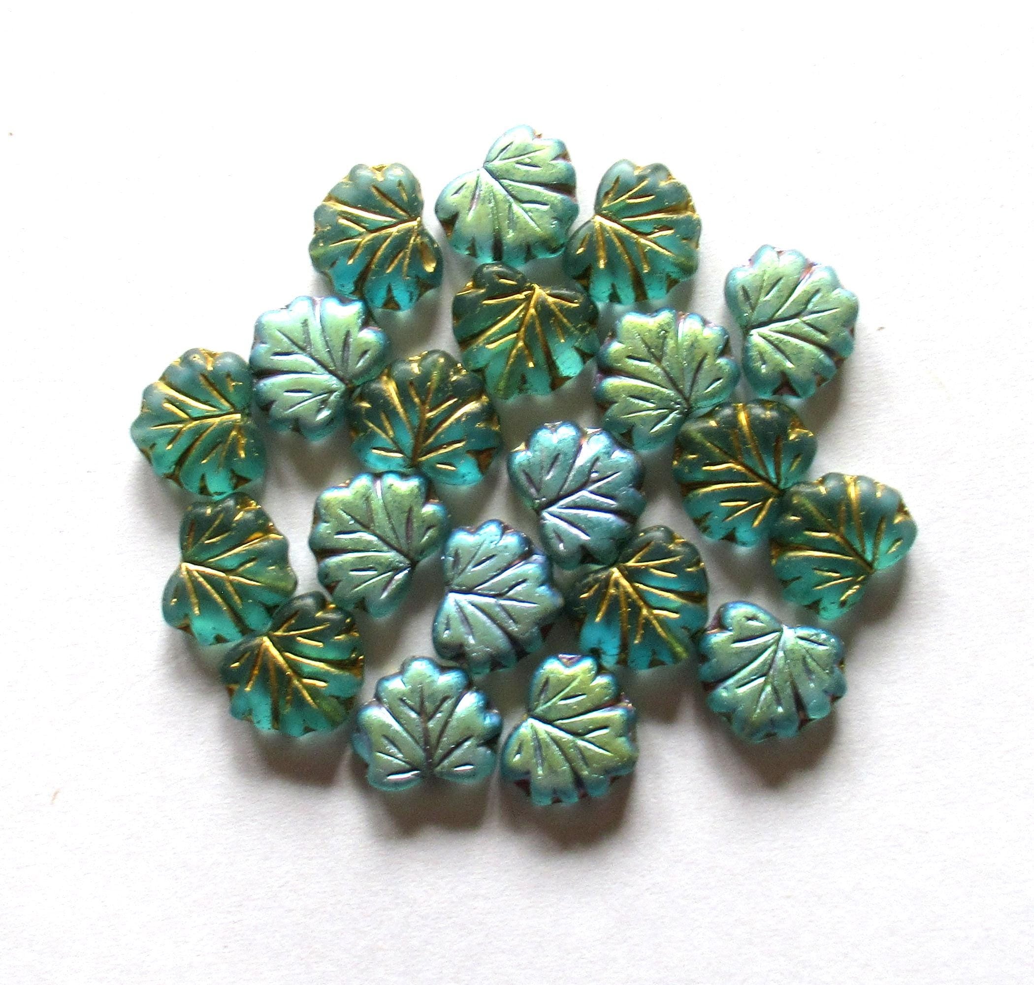 10 Czech glass maple leaf beads - teal blue green w/ rainbow AB finish & gold accents - 13 x 11mm - 00521