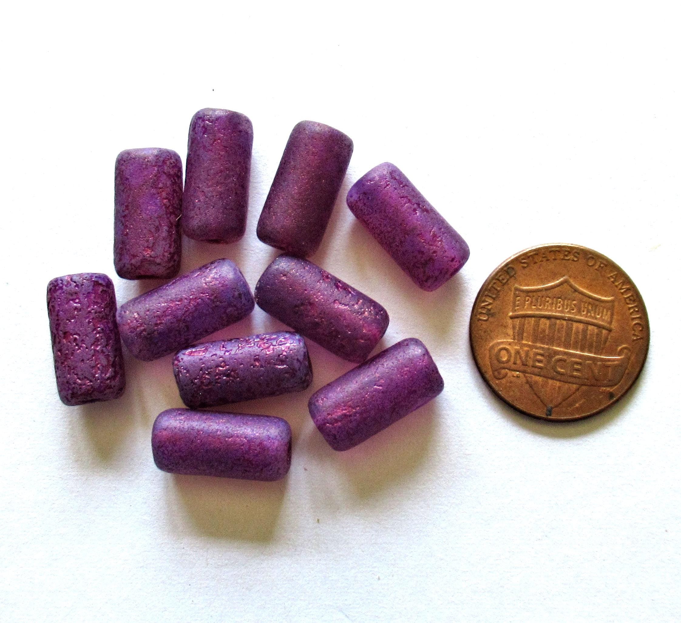 Ten Czech glass tube beads - etched purple w/ big 2mm holes - 7 x 14mm - C00052