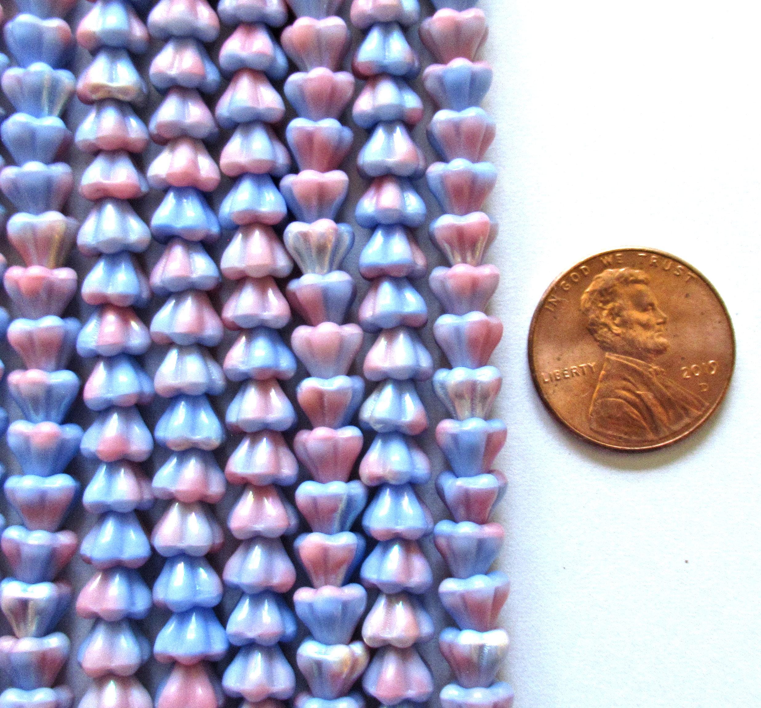 50 Czech glass baby bell flower beads - 6mm x 4mm - opaque marbled pink and blue AB - C00751