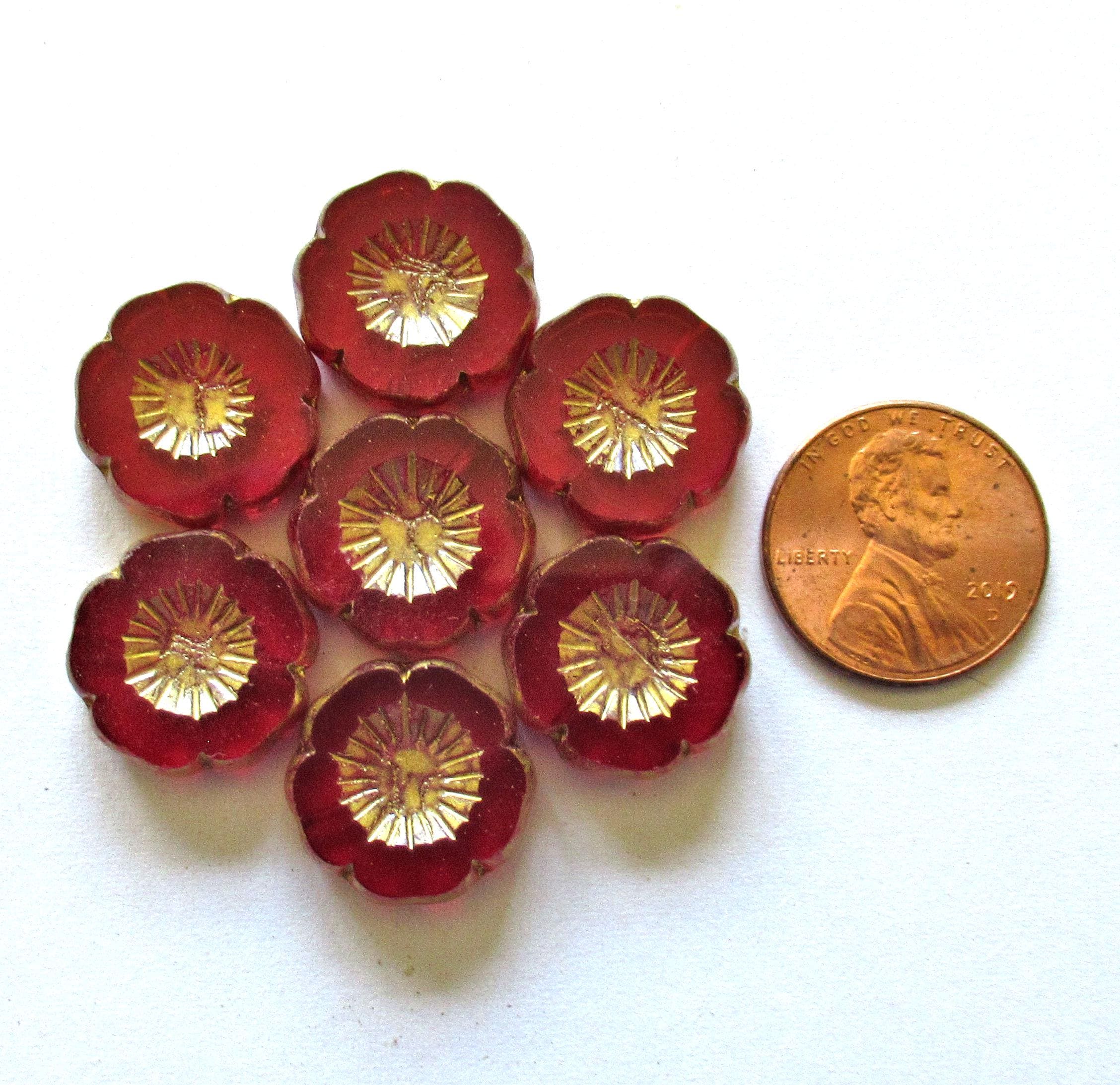 Five large Czech glass flower beads - 16mm - light garnet red w/ a gold wash - table cut & carved - Hawaiian hibiscus flowers - C00522
