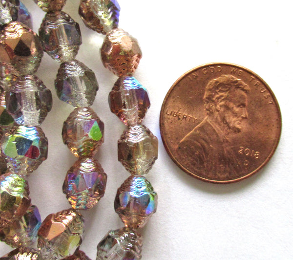 15 Czech glass mini antique style faceted oval beads - 8 x 6mm crystal clear beads with copper and rainbow ab finishes - C00071
