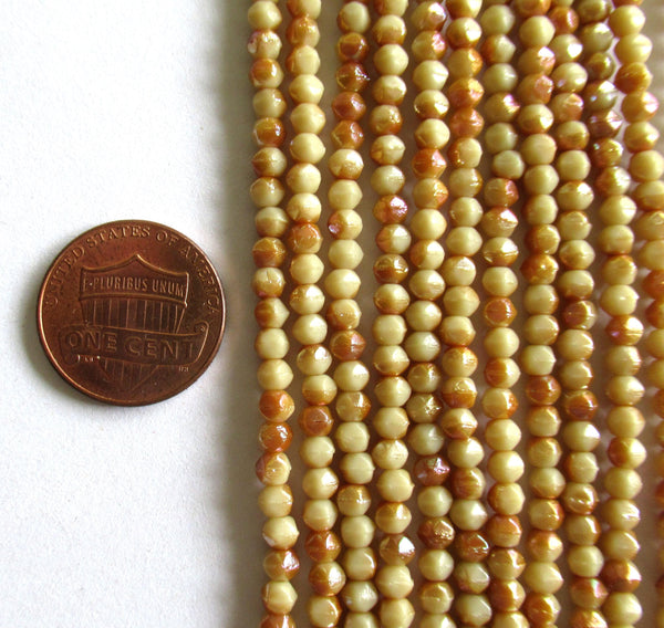 100 3mm English cut Czech glass beads - Antique Beige Celsian - opaque beige & caramel white spacer beads with a celsian finish - C0019
